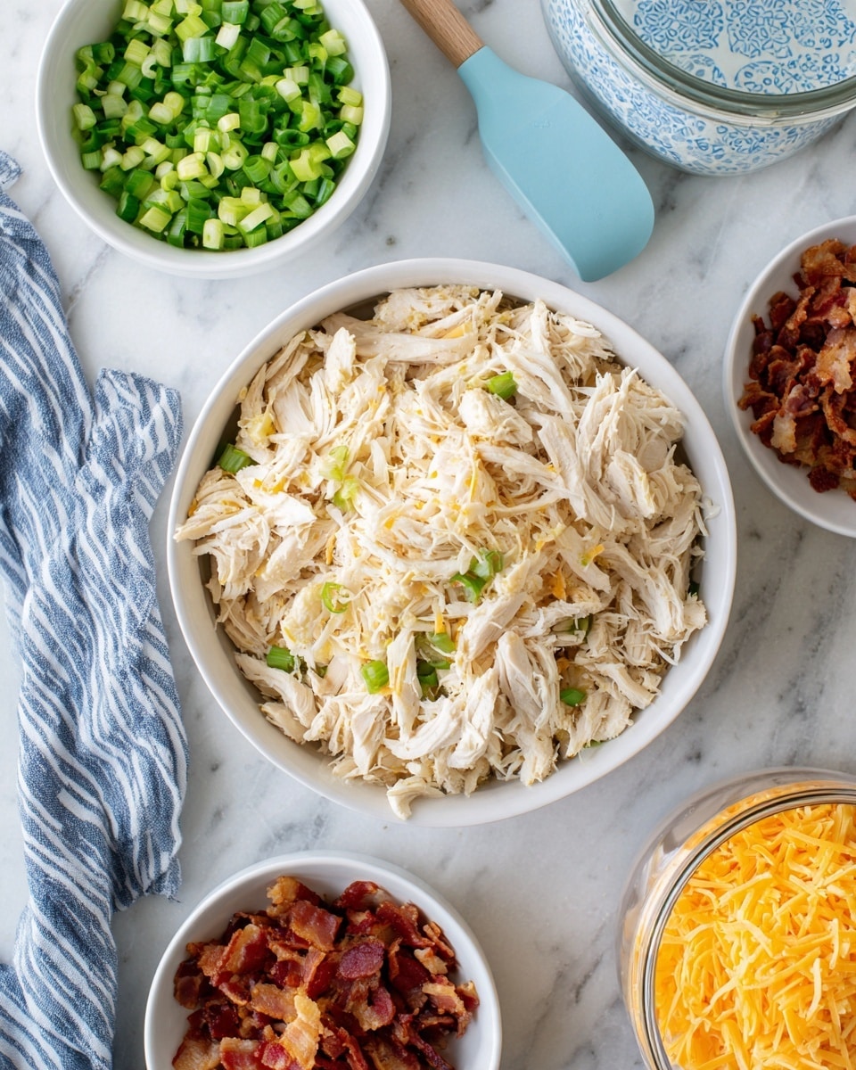 The image shows a white bowl filled with shredded light-colored cooked chicken in the center. Around it are smaller white bowls: one with chopped green onions, another with chopped celery, and a third with crispy brown bacon pieces. A small bowl with shredded orange cheese sits near the bottom right corner on a white marbled surface. There is also a clear container with a blue patterned lid in the background and a blue silicone spatula and a striped blue and white cloth on the left side of the frame. The scene is bright and clean, with a white marbled texture under everything photo taken with an iphone --ar 4:5 --v 7