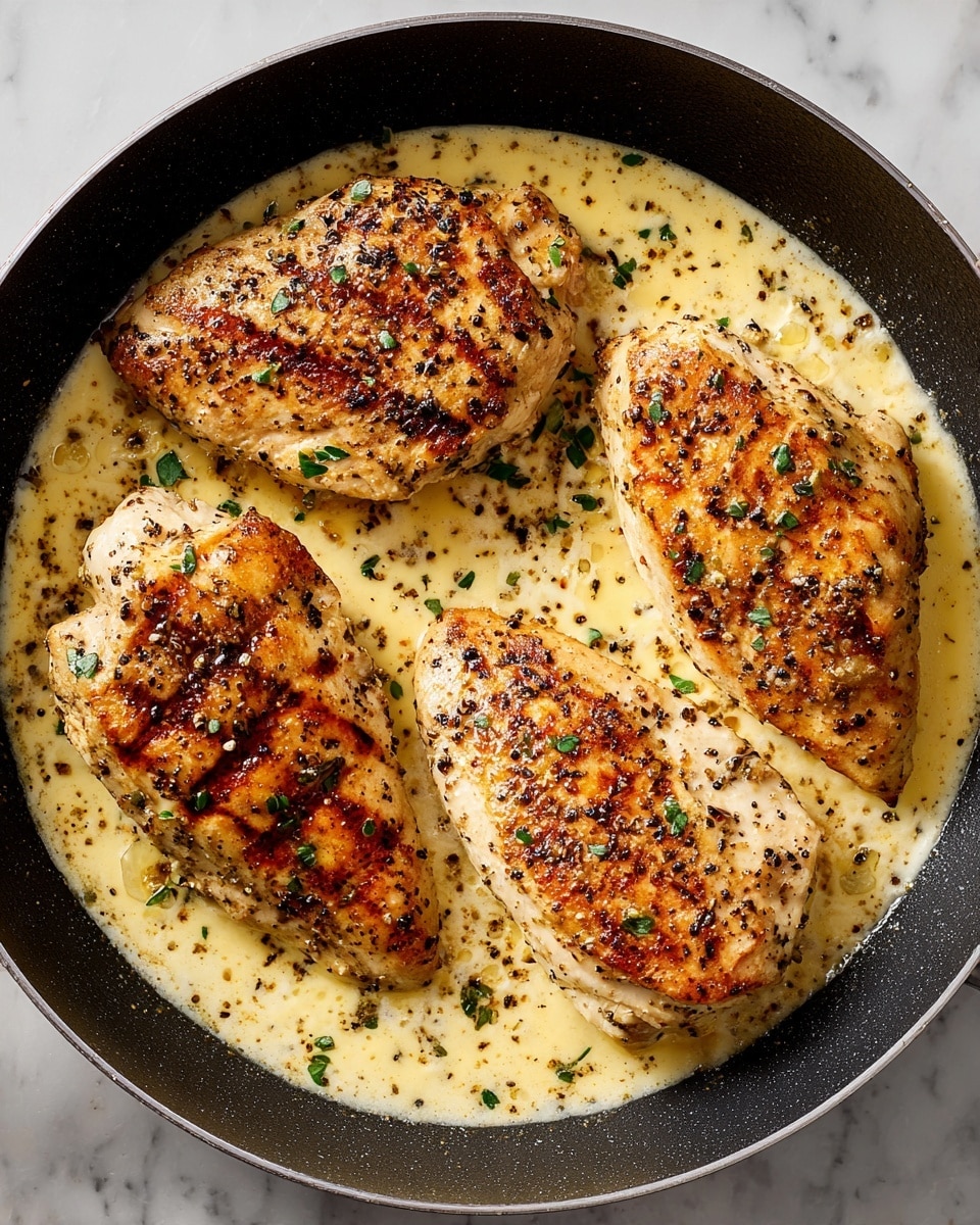 The image shows four cooked chicken pieces in a black pan, each piece browned with grilled marks and sprinkled with black pepper and small green herb leaves on top. The chicken is surrounded by a light yellow creamy sauce that has a smooth texture, filling the bottom of the pan. The pan and sauce create contrast, with the browned chicken standing out against the light sauce. The background is a white marbled texture. Photo taken with an iphone --ar 4:5 --v 7
