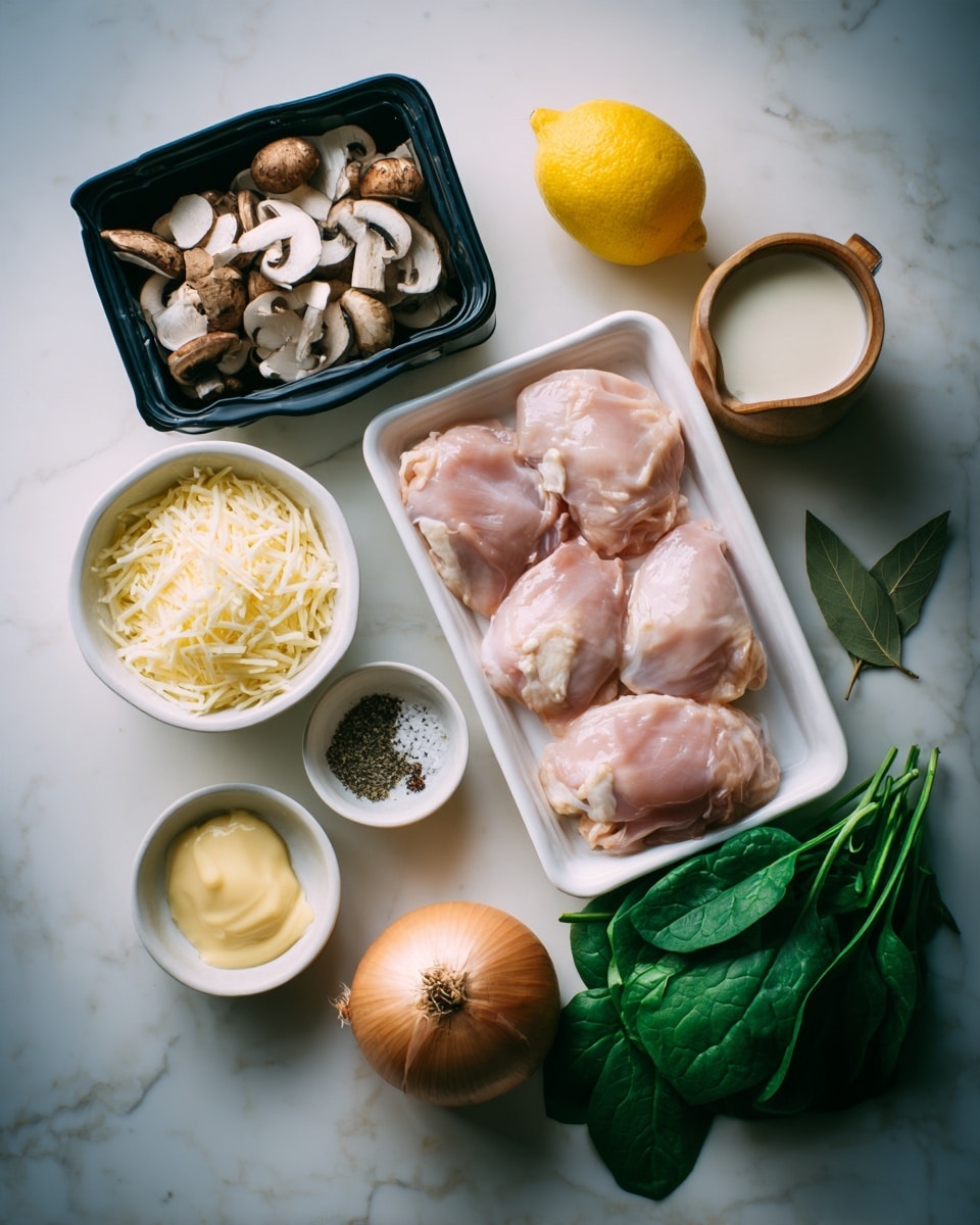 The image shows an arrangement of cooking ingredients on a white marbled surface. There are five pieces of raw pink chicken thighs placed on a white plastic tray to the right center. Below the chicken, there is a small bunch of fresh green spinach leaves. To the left side, there is a black plastic container filled with sliced brown mushrooms. Just below the mushrooms, in a small white bowl, is a mound of shredded pale yellow cheese. Above the cheese, a small white dish holds a dollop of light yellow mustard. Near the top right corner, a small wooden cup stands filled with a white liquid, likely cream. A bright yellow lemon and a bay leaf rest close to the mustard. In the lower right, a whole brown onion sits next to a small white bowl containing a mix of salt, pepper, and herbs. The scene is lit softly, with all ingredients spaced neatly and clearly visible. photo taken with an iphone --ar 4:5 --v 7