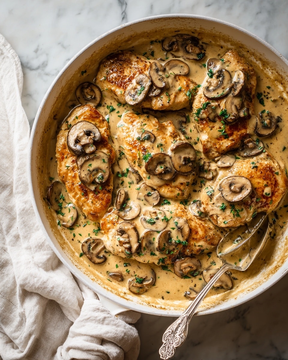 The image shows a white pan filled with five pieces of golden brown chicken topped with a thick, creamy mushroom sauce. Sliced brown mushrooms are scattered over the sauce, adding texture and earth tones throughout. Fresh green herbs are sprinkled lightly on top for a touch of color contrast. A silver spoon rests inside the pan on the right side. The pan is placed on a white marbled surface with a soft white cloth partially visible underneath. The lighting highlights the warm colors and creamy textures, making the dish look rich and inviting. photo taken with an iphone --ar 4:5 --v 7