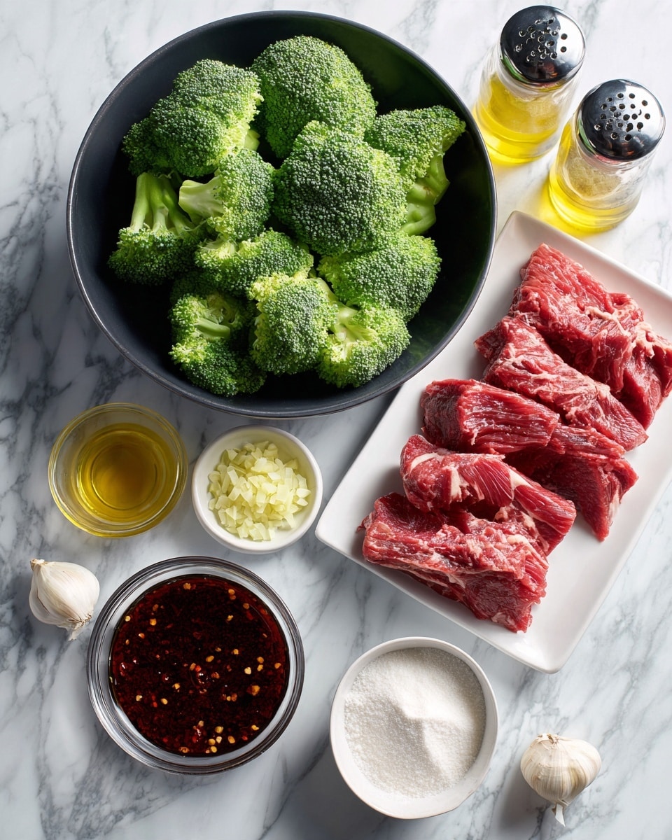 The image shows fresh ingredients arranged on a white marbled surface, ready for cooking. In the upper left, there is a large black bowl full of bright green broccoli florets with a firm texture. Below that, on a white rectangular plate, are deep red strips of raw meat, layered unevenly with white marbling visible. To the right, near the center, is a small white bowl filled with white powder, likely flour or cornstarch. Below that, a round clear glass bowl holds a thick, dark red sauce with visible chili seeds and texture. Scattered around are small clear glass containers of golden oil, salt and pepper grinders with a black top, and two small white bowls containing finely chopped pale yellow garlic and ginger. The scene is clean, bright, and neatly organized. photo taken with an iphone --ar 4:5 --v 7