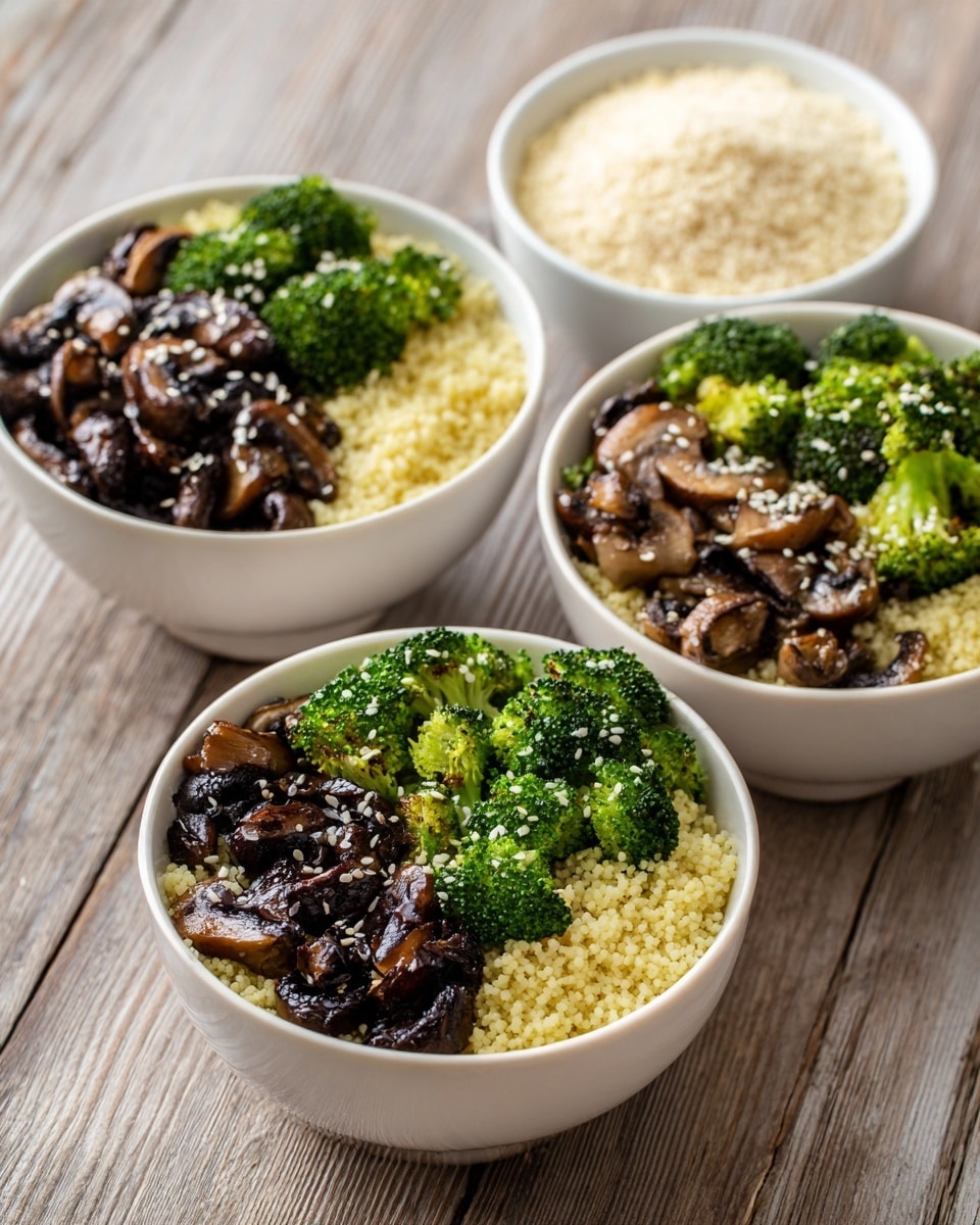 Three white bowls are filled with three layers each: the bottom layer is light yellow couscous, the middle layer has dark brown cooked mushrooms with a soft texture, and the top layer shows bright green broccoli florets. Small white sesame seeds are sprinkled on top, adding a slight contrast. The bowls sit on a wooden surface with a smooth grain. A small white bowl with uncooked couscous is placed in the upper right corner. Photo taken with an iphone --ar 4:5 --v 7