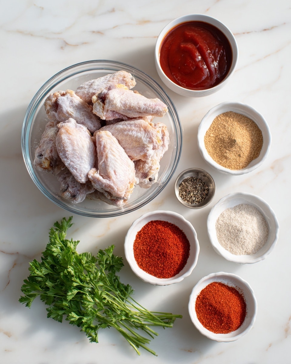 In the center, there is a clear glass bowl filled with several pieces of frozen chicken wings, covered with a light layer of frost showing pale pink and white tones. Below and around this bowl, there are six small white bowls with different spices and sauces: a large one with smooth, deep red barbecue sauce, a mid-sized one with light brown brown sugar, and four tiny ones containing bright red chili powder, beige garlic powder, and mixed white salt and black pepper. Fresh green parsley with vibrant color is placed at the bottom right corner. All items rest on a white marbled surface. Photo taken with an iphone --ar 4:5 --v 7