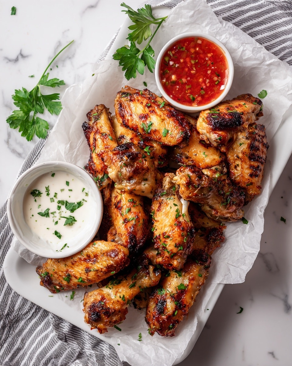 A white rectangular plate lined with white parchment paper holds two piles of golden brown grilled chicken wings with a slight char, sprinkled with small green herb bits. On the top right part of the plate, a small white round bowl is filled with red sauce garnished with green herbs. On the bottom left part of the plate, another small white round bowl contains white creamy sauce adorned with chopped green herbs. Fresh parsley sprigs sit near the lower left corner and scattered around the plate, all set on a white marbled surface with a striped grey and white cloth beneath part of the plate. Photo taken with an iphone --ar 4:5 --v 7