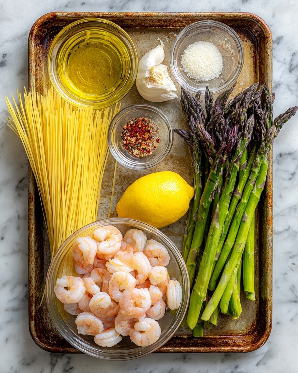A large slightly rusty metal tray holds several ingredients placed neatly. At the bottom left, there is a thick bundle of long, thin pale yellow pasta strands lying flat. Above the pasta, slightly to the left, is a small clear glass bowl with golden olive oil. Next to it, a small clear glass bowl contains coarse salt and red pepper flakes. At the top left corner of the tray sits a bright yellow lemon, and to its right, a bulb of white garlic. The right side of the tray features a fresh green bunch of asparagus, with dark purple tips, facing across the tray. In the center right, there is a medium clear glass bowl filled with pink and white cooked shrimp. The tray is set on a white marbled surface. photo taken with an iphone --ar 4:5 --v 7