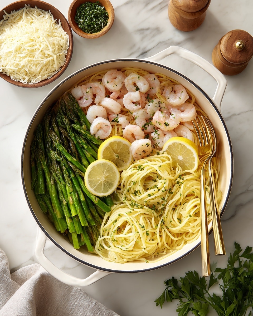 A white pot filled with three layers: the bottom layer has light yellow spaghetti noodles, the middle layer has light pink shrimp scattered evenly, and bright green asparagus pieces spread on top. Two bright yellow lemon wedges rest on one side. The dish is garnished with small bits of green herbs. On the side, a bowl of grated cheese, a wooden salt container, and some parsley sit on a white marbled surface. Two gold forks rest inside the pot near the noodles. photo taken with an iphone --ar 4:5 --v 7