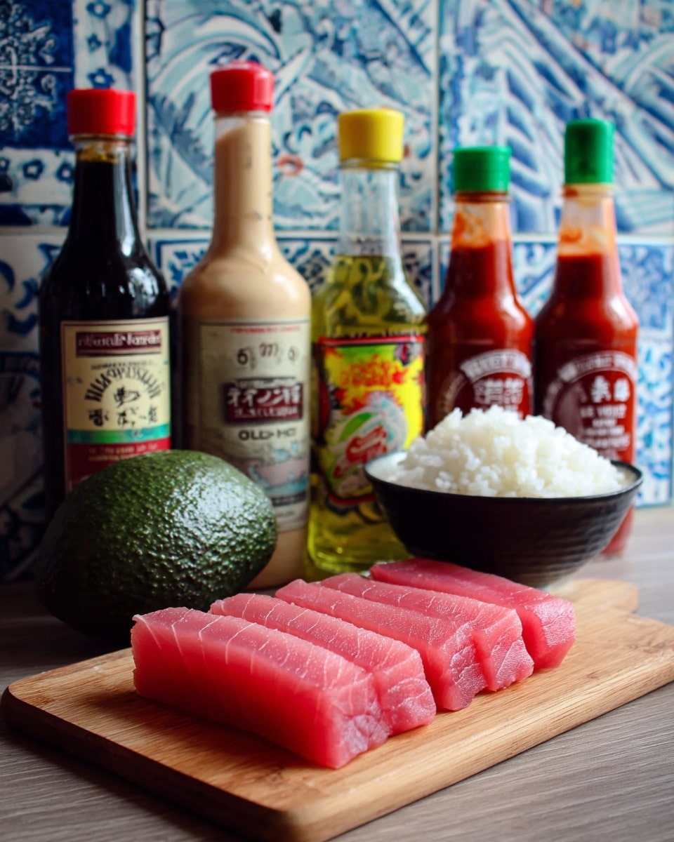 The image shows a neatly arranged scene for making sushi. At the front, there are five slices of pink tuna with smooth texture, placed side by side on a light brown wooden board. Behind them, a dark green avocado with a bumpy texture sits on a dark surface. To the right, a black bowl is filled with fluffy white rice. Behind the avocado and tuna, four bottles stand in a row on the dark surface: the first is a beige bottle with a red cap, the second is a clear bottle of sesame oil with a yellow cap and a colorful label, the third is a clear soy sauce bottle with a red cap and yellow label, and the last is a clear bottle of red sriracha sauce with a green cap and white lettering. The background features blue and white patterned tiles, and the surface has a white marbled look. photo taken with an iphone --ar 4:5 --v 7