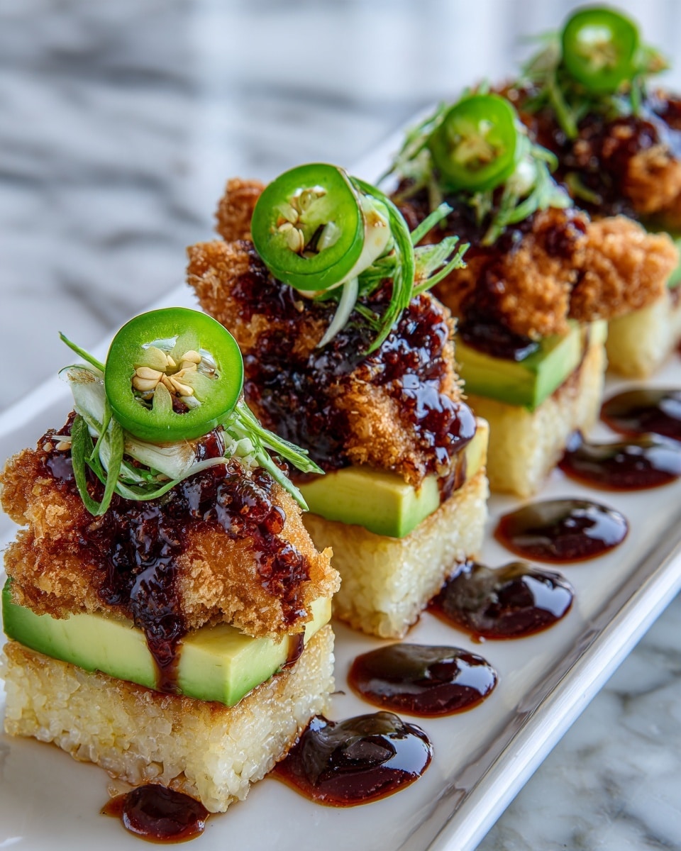 This dish shows multiple small square layers of light golden crispy rice forming the base, topped with a flat thin layer of light green slices of avocado. On top of the avocado is a thicker layer of golden brown crispy fried chicken. Dark brown sauce is drizzled over the chicken, and each piece is decorated with a slice of green chili pepper on the very top. The dish is served on a white plate, and the background shows a white marbled surface. photo taken with an iphone --ar 4:5 --v 7