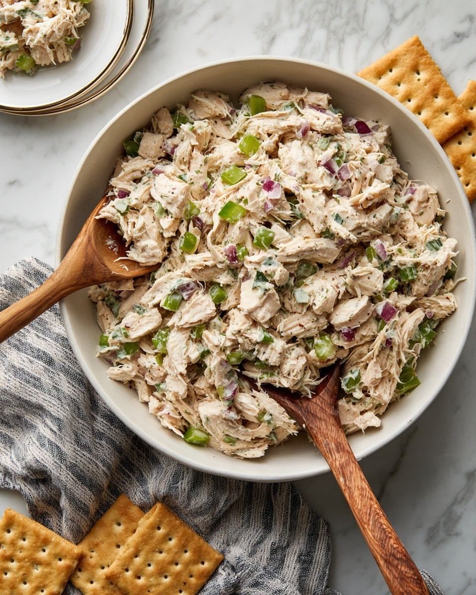 A large white bowl filled with a chunky chicken salad made of shredded light beige chicken, small green celery pieces, and bits of chopped red onion scattered throughout. Two wooden spoons rest inside the bowl, one scooping up a portion of the salad. The bowl sits on a white marbled surface with a striped cloth nearby. Around the bowl are several square crackers, with one cracker topped with the salad on a small white plate with a thin grey rim detail. photo taken with an iphone --ar 4:5 --v 7