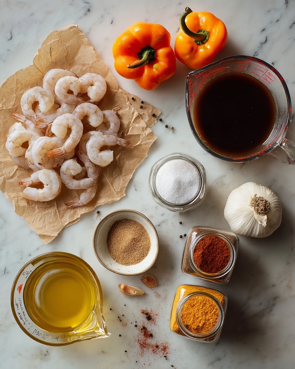 The image shows ingredients laid out on a white marbled surface. On the left, there is a pile of pale pink shrimp with tails on, placed on a piece of brown paper. In the center, there are two small orange peppers, a few cloves of garlic, an open jar of white granulated salt, a small jar of black pepper, a white bowl filled with brown sugar, and two glass jars with red and yellow spices. On the right edge, a glass measuring cup holds a clear light yellow liquid, and a large glass bowl contains a dark reddish-brown sauce. Some spices and powder are sprinkled lightly around the jars and bowls. Photo taken with an iphone --ar 4:5 --v 7