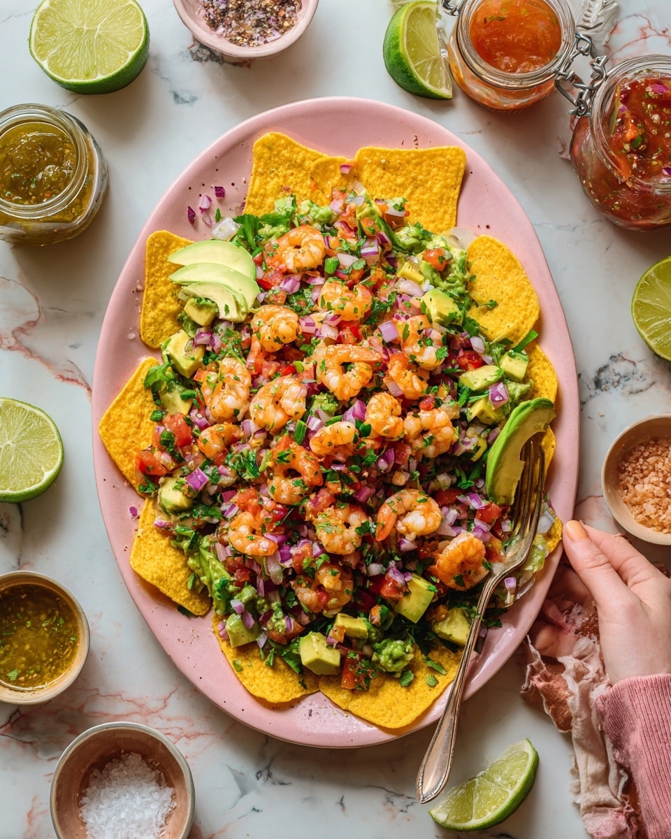 The image shows a pink oval plate on a white marbled surface filled with a colorful shrimp salad. The salad has two main layers: the base layer is made of several yellow, round tortilla chips arranged around the edges and underneath the salad, and the top layer is a mix of chopped shrimp, green avocado chunks, red diced tomatoes, finely chopped purple onions, and green herbs scattered all over. There are lime slices placed on the salad and beside the plate. Around the plate, there are small jars and bowls with sauces and salt. A woman's hand is holding the edge of the plate. Photo taken with an iphone --ar 4:5 --v 7