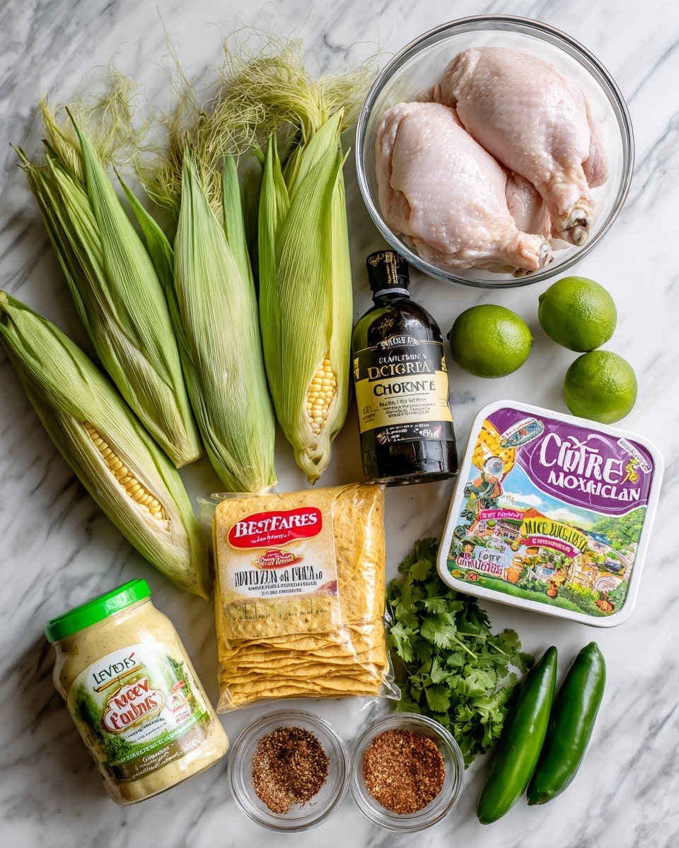 The image shows a collection of fresh and packaged ingredients for cooking, arranged on a white marbled surface. There are three fresh green corn ears with their husks, a clear glass bowl in the top center holding two large pale pink raw chicken pieces with a smooth texture. To the right of the bowl is a dark bottle of California extra virgin olive oil with a black cap, and below that is a white package of El Mexicano Cotija cheese with colorful text and illustrations. In the center is a yellow corn tortillas pack with a red and white label. On the bottom left, there is a large jar of Best Foods olive oil mayonnaise dressing with a green lid, beside it is a white plastic container of Lucerne sour cream with a purple label. Two bright green limes are placed near the sour cream container. Next to the limes are two fresh green jalapeños with smooth skin. In the lower right corner, there is a bunch of fresh green cilantro with leaves and stems. In the front, there are two small clear glass bowls containing reddish and brownish ground spices with visible textures. photo taken with an iphone --ar 4:5 --v 7