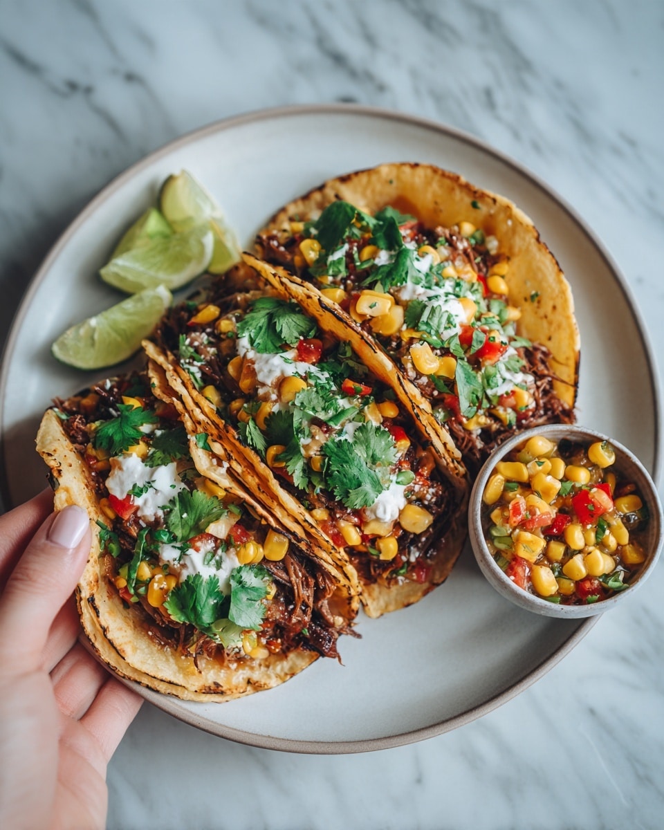 The image shows three soft tacos on a large white plate with a white marbled surface underneath. Each taco has three layers: the bottom layer is a warm, lightly charred tortilla; the middle layer features dark shredded meat mixed with colorful roasted corn and small bits of red bell pepper; the top layer is covered with fresh green cilantro and white dollops of sour cream. A woman's hand is holding one taco at the edge. On the side, there is a small bowl of bright salsa with yellow corn and red tomatoes, and another bowl with lime slices. The lighting makes the colors bright and fresh, photo taken with an iphone --ar 4:5 --v 7