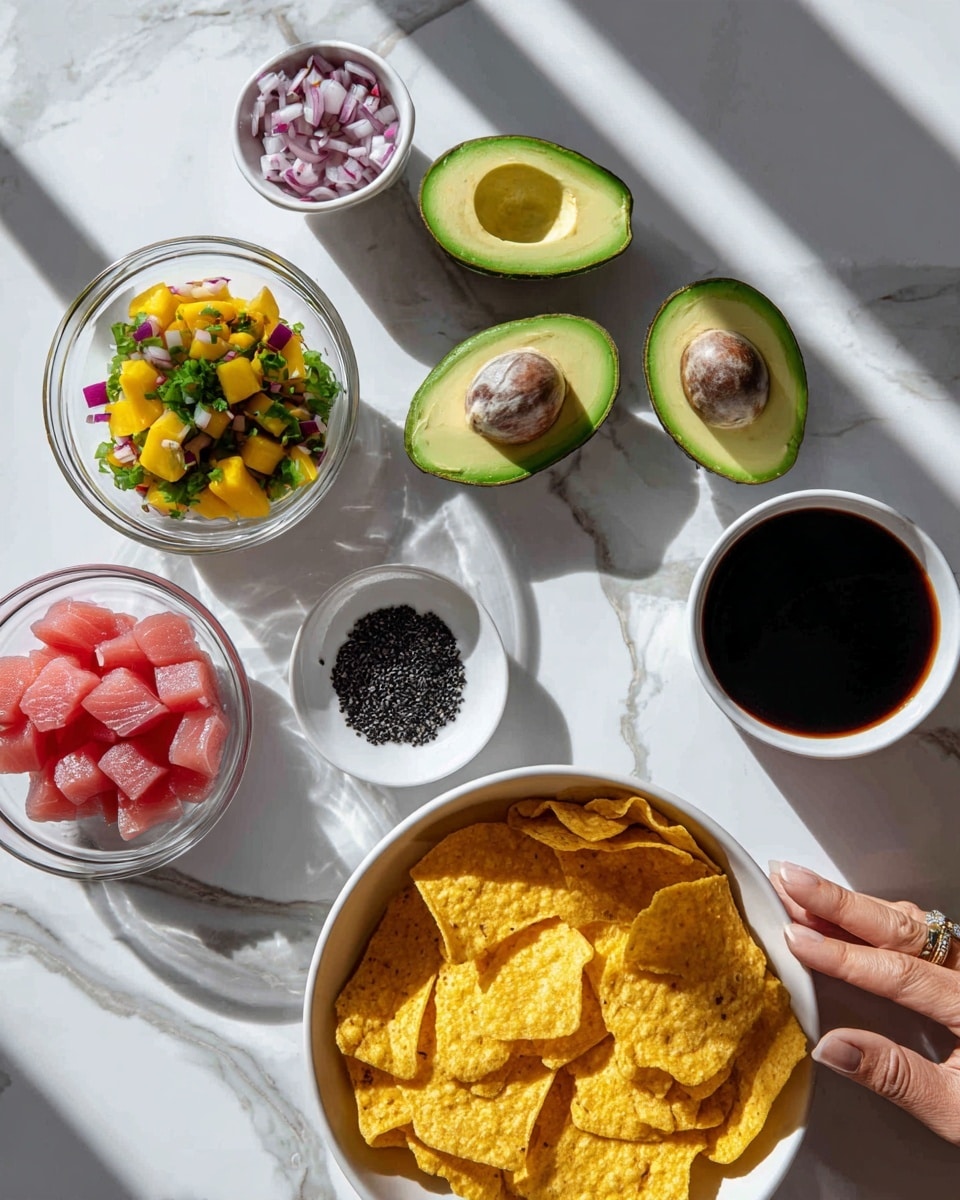 The image shows a white marbled surface with several food items arranged neatly. There are four avocado halves, two with seeds and two without, all showing the bright green flesh with smooth texture. A white bowl on the right is filled with yellow corn tortilla chips with light seasoning. Near the bottom left, there's a clear glass bowl containing small cubes of raw pink fish. Above that, another clear bowl holds a colorful mix of diced mango, red onion, and green herbs. In the center is a small white bowl of dark soy sauce. Below it, a tiny white dish holds black sesame seeds, adding a rough texture. A woman's hand is reaching toward the chips. The whole setup is bright with natural light, clean and fresh. photo taken with an iphone --ar 4:5 --v 7