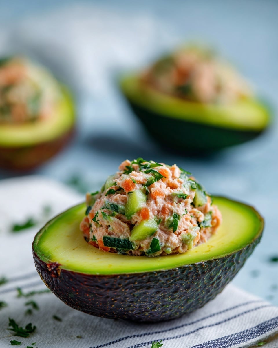 The image shows a halved avocado with bright green, smooth inner flesh and a dark rough skin. Inside the avocado cavity, there is a scoop of creamy tuna salad mixed with chopped green celery, orange carrot bits, and small green herbs, giving the filling a textured and colorful appearance. The avocado is placed on a pale blue surface, with a white napkin with dark stripes partly visible nearby. Another similar avocado half filled with the same mixture can be seen blurred in the background. The overall look is fresh and appetizing, photo taken with an iphone --ar 4:5 --v 7