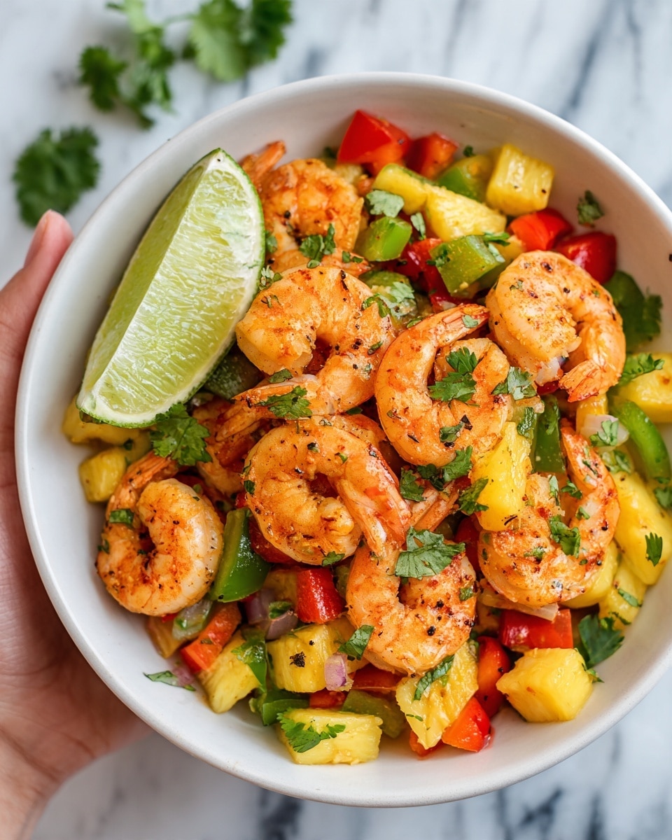 The image shows a white bowl filled with cooked shrimp that are orange with a slightly shiny texture, arranged on top of a colorful mix of diced red and green bell peppers along with bright yellow pineapple chunks. Fresh green cilantro leaves are scattered across the shrimp and vegetables. A wedge of lime with a light green color rests on the side of the bowl. The bowl is set on a white marbled surface and a woman's hand is holding the bowl from one side. The overall look is fresh, warm, and vibrant. photo taken with an iphone --ar 4:5 --v 7