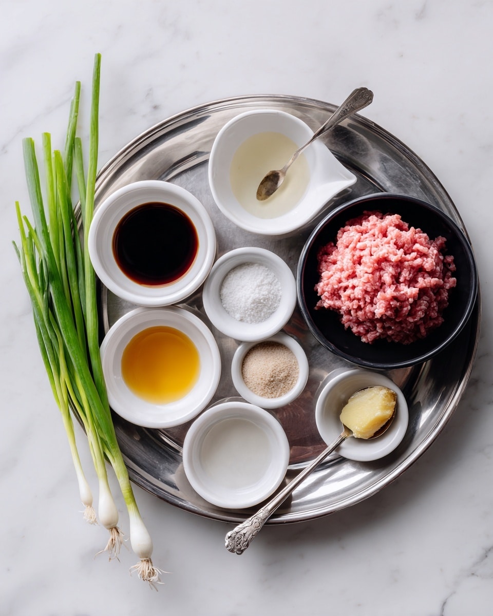 The image shows a shiny metal tray on a white marbled surface holding eight small white bowls with different ingredients: a clear liquid that looks like egg white, dark soy sauce, light soy sauce, a pale powder, white granulated sugar, a light yellow liquid, and a small piece of fresh ginger with a spoon beside it. Next to this tray is another metal tray holding a black bowl filled with fresh, pink ground meat. Two fresh green onions lay on the white marbled surface beside the trays. The setting is clean and simple, with a focus on the fresh, raw ingredients. photo taken with an iphone --ar 4:5 --v 7