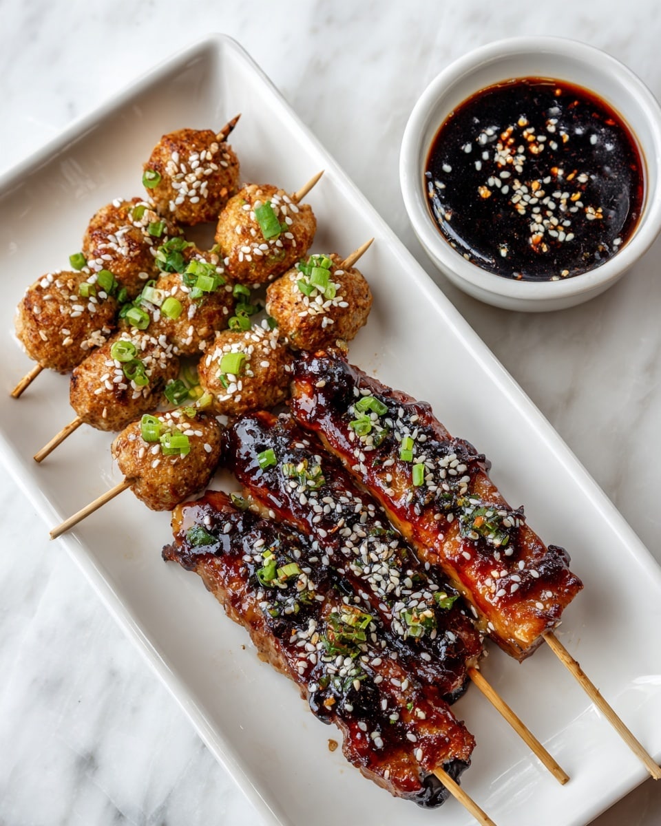 The image shows five skewers on a rectangular white plate with a glossy finish. Three skewers on the left have small round meatballs with a golden-brown grilled surface, topped with white sesame seeds and small green onion pieces. The two skewers on the right have longer, oval-shaped grilled meat pieces, also glazed with a shiny dark sauce and sprinkled with white sesame seeds. The plate sits on a white marbled surface, and next to it on the right, there is a white bowl filled with a dark dipping sauce with sesame seeds on top. Photo taken with an iphone --ar 4:5 --v 7