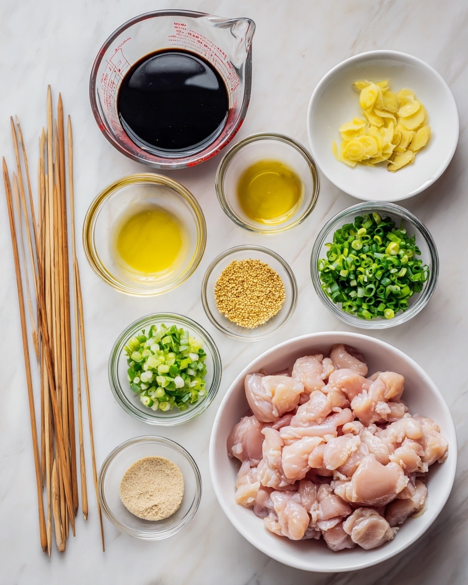 A top view of all the ingredients placed on a white marbled surface, including a white bowl filled with raw pink chicken pieces on the right, a large glass measuring cup with dark soy sauce on the top left, and several small clear glass bowls containing light yellow ginger slices, chopped green onions in two bowls, light golden oil, pale yellow ground ginger, sesame seeds, light yellow lemon juice, and two cloves of garlic. There is also a white bowl with a light yellow liquid, and a bunch of wooden skewers placed vertically near the left side. photo taken with an iphone --ar 4:5 --v 7