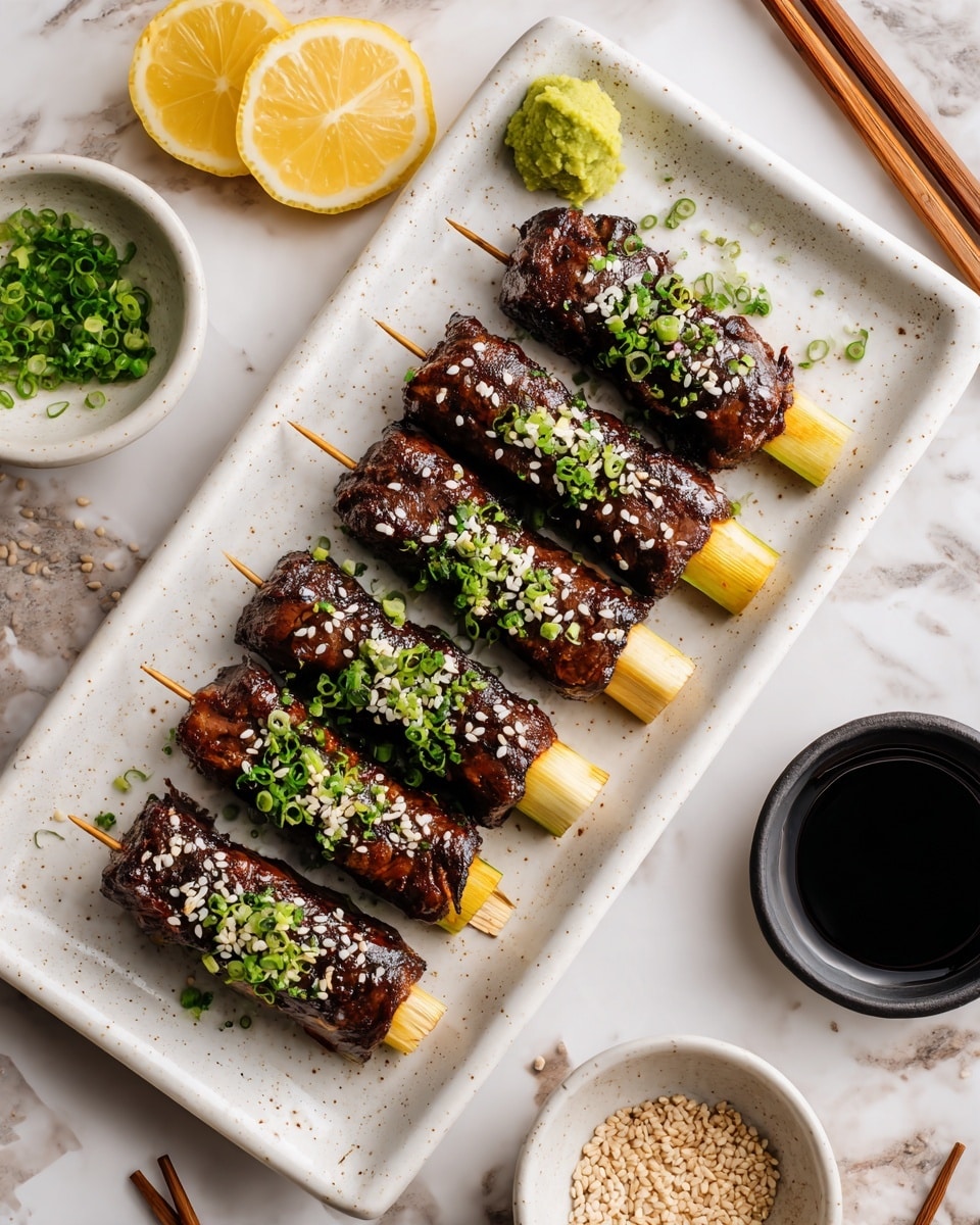 The image shows five skewers of grilled meat wrapped around cheese sticks, arranged in a row on a white rectangular plate with a speckled pattern. Each skewer is dark brown with a glossy finish, topped with small white sesame seeds and green chive bits. The cheese sticks peek out from both ends, showing a pale yellow color and soft texture. To the left of the skewers, there is a small green mound of wasabi and a lemon wedge. On the right side of the plate, a small black cup filled with soy sauce is placed. The dish sits on a white marbled surface with small bowls of sesame seeds, pickled ginger, and edamame around it, and a pair of wooden chopsticks is visible at the top right corner. photo taken with an iphone --ar 4:5 --v 7