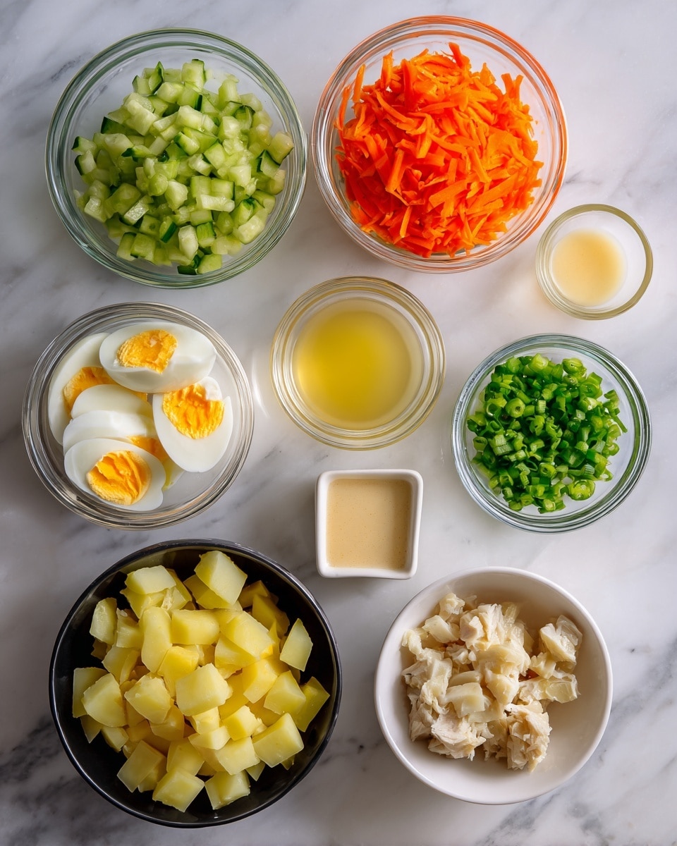 The image shows seven small bowls and one small cup placed on a white marbled surface, each filled with different ingredients arranged in a loose grid. The top row has a clear glass bowl with chopped green cucumber pieces on the left, a white bowl with shredded bright orange carrots in the middle, and a clear bowl with a thick light beige sauce on the right. The middle row has a small clear cup of light yellow liquid in the center and a small glass bowl of green chopped spring onions on the right. On the bottom row, a black bowl filled with yellow potato chunks sits on the left, a small rectangular bowl with diced hard-boiled eggs with white and yellow bits is in the center, and a white bowl holding chunks of light brown meat is on the right. The items are neat, evenly spaced, and the colors are fresh and distinct photo taken with an iphone --ar 4:5 --v 7