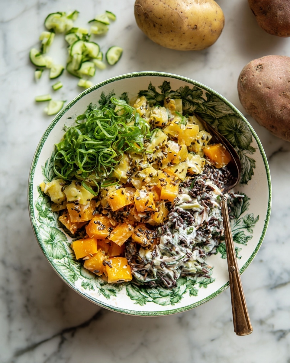 A white bowl with a green leaf pattern holds a salad with three main layers: the bottom layer is creamy white with small black seeds, the middle layer is mixed with large pale yellow and orange chunks, and the top layer has finely sliced green pieces arranged in a small mound. There is a bronze spoon resting inside the bowl on the right side. The bowl is placed on a white marbled surface with some whole potatoes and green cucumber slices nearby. photo taken with an iphone --ar 4:5 --v 7