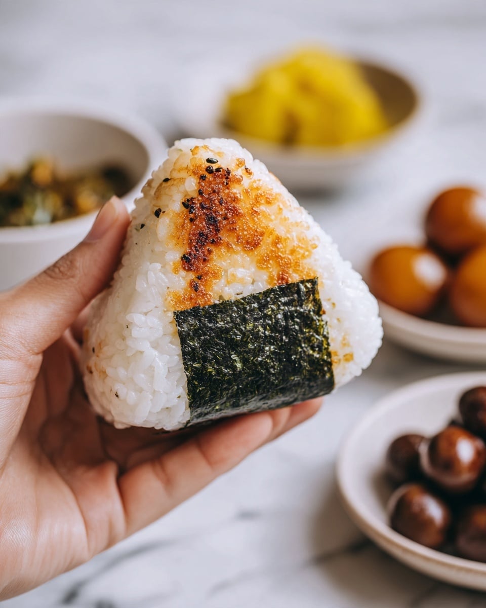 A close-up of a grilled rice ball held by a woman's hand, showing one triangular layer of white rice with a golden-brown grilled texture on the surface and a dark green seaweed sheet wrapped around the bottom and side. In the blurry background, there are white bowls on a white marbled surface, one with yellow pickles and the other with round brown pickled plums. Photo taken with an iphone --ar 4:5 --v 7