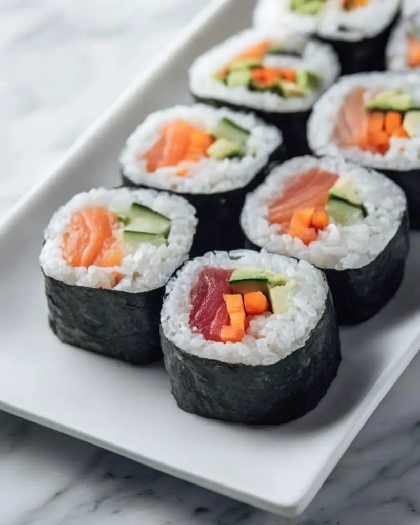 Homemade Salmon and Tuna Sushi Rolls with Fresh Vegetables Recipe