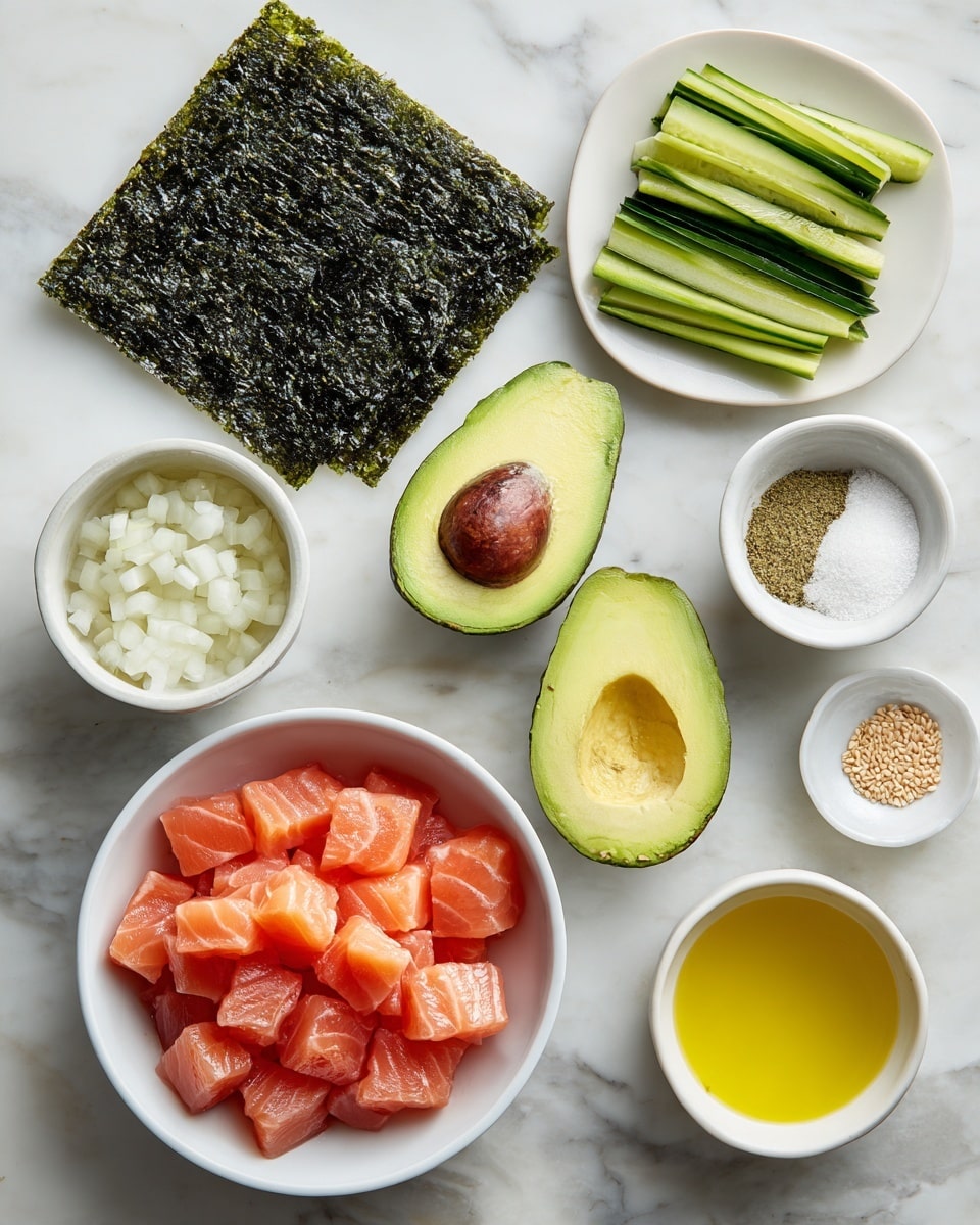 The image shows ingredients for making sushi, all placed on a white marbled surface. There is a square sheet of dark green seaweed with a rough texture on the left. Next to it is a white bowl of small diced white onion pieces. Two halves of a ripe avocado are in the center, one with the seed and the other without. Above them is a white plate holding thin green cucumber strips on one side, a small pile of white sesame seeds, and a smaller pile of light brown powder, all separated neatly. To the right, there is a small white bowl filled with bright yellow oil and another small white bowl with a golden sauce or dressing. Below the cucumber plate is a white bowl filled with small, uniformly cut pieces of pink-orange raw fish. Photo taken with an iphone --ar 4:5 --v 7