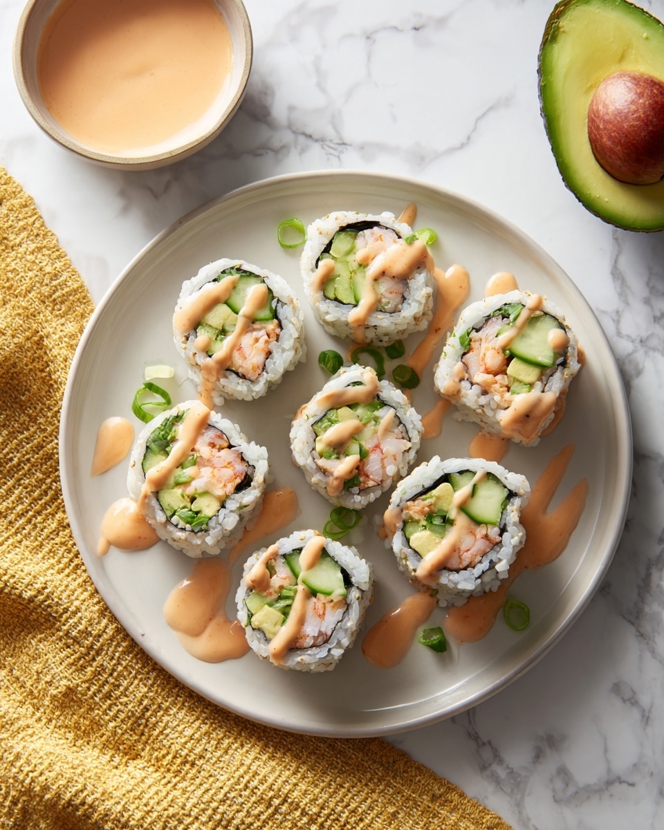 Seven pieces of sushi rolls sit on a round white plate on a white marbled surface. Each roll has an outer layer of white rice with green flecks, followed by a shiny black seaweed layer, and filled with light pink cooked fish, green cucumber slices, and green scallion pieces. The sushi rolls are drizzled with a light orange creamy sauce, with extra sauce pooled around the rolls on the plate. In the top right corner, half an avocado with visible green flesh and brown seed rests on the white marbled surface, and in the top left corner, a small round bowl holds more of the same light orange sauce. A yellow woven cloth is partially visible on the bottom left edge of the image. photo taken with an iphone --ar 4:5 --v 7