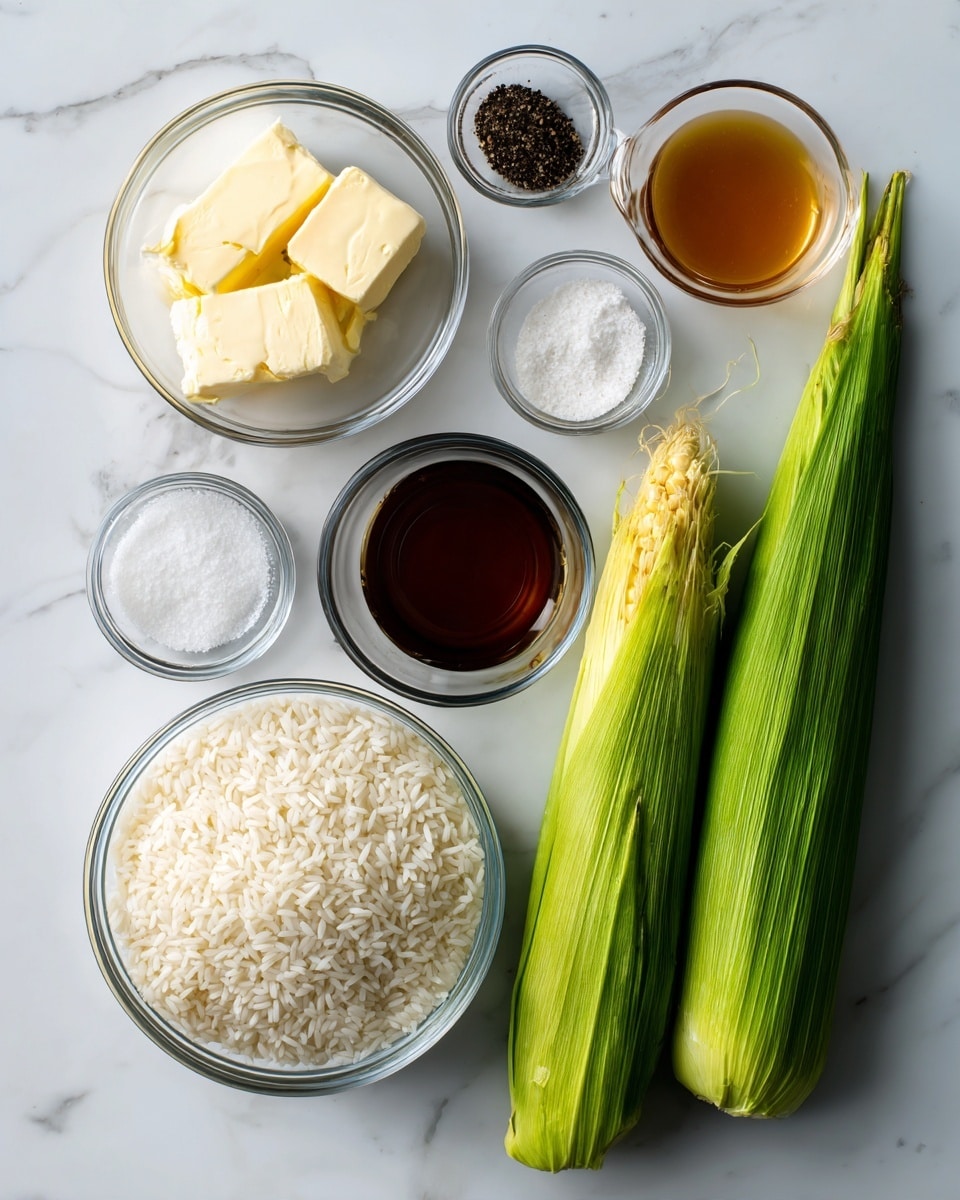 The image shows a plain wooden surface with several cooking ingredients neatly arranged in clear glass bowls and small measuring cups. On the left, there are two pats of butter in one bowl and some black pepper in another, along with a small bowl of salt. Next to them are two small measuring cups, one holding a dark brown liquid and the other a clear liquid. To the right of these is a large clear glass bowl filled with uncooked white rice grains. Two fresh yellow corn cobs, partially wrapped in green husks, are placed in the center of the arrangement, standing upright side by side. The entire scene is simple and clean, with all ingredients well separated and visible clearly, set on a white marbled texture. photo taken with an iphone --ar 4:5 --v 7