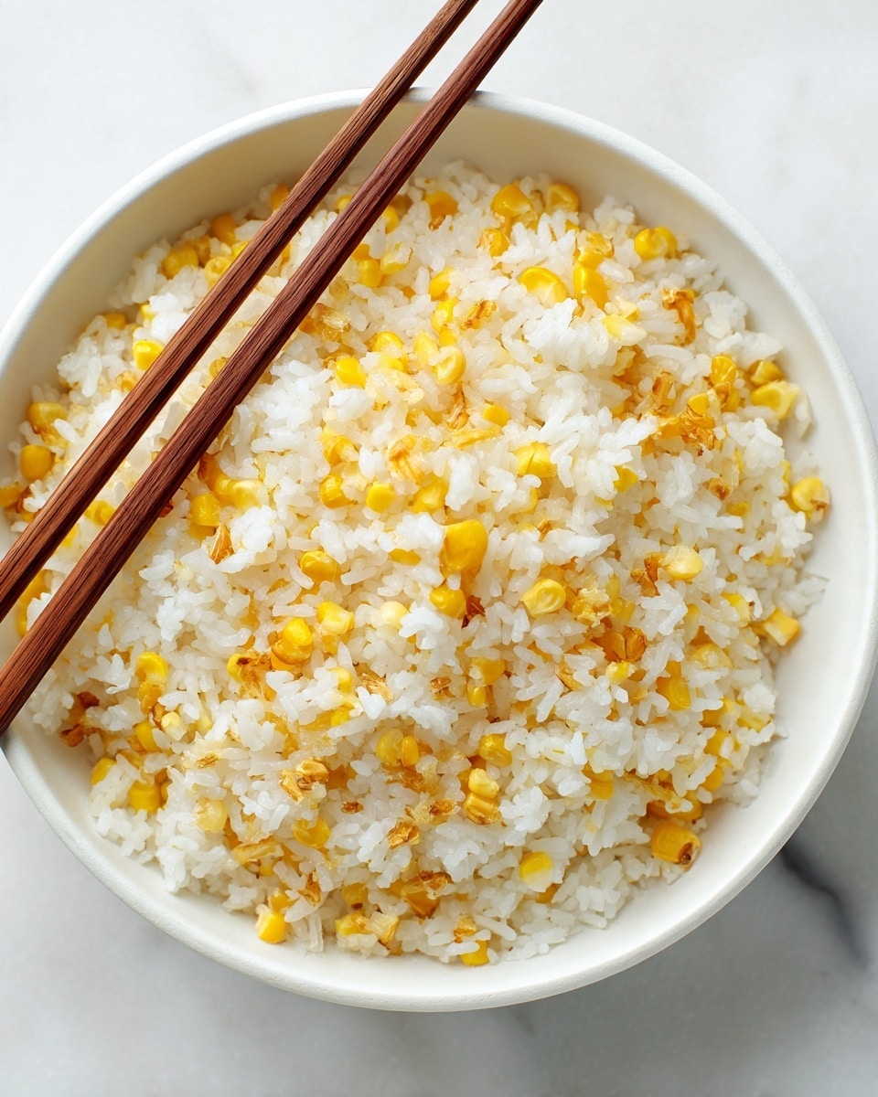 A white bowl filled with a mix of white rice and yellow corn kernels, showing a soft and slightly sticky texture. The rice grains and corn are evenly mixed, with the corn scattered throughout the rice. Two wooden chopsticks rest on the top edge of the bowl, angled diagonally. The scene is set on a white marbled surface with a soft light, highlighting the texture of the rice and corn photo taken with an iphone --ar 4:5 --v 7