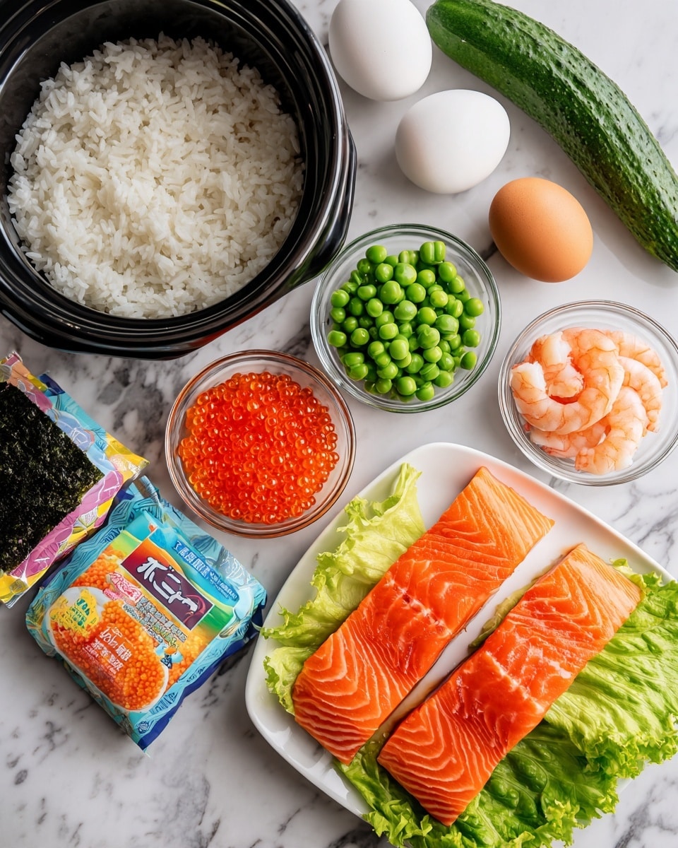 The image shows ingredients for making sushi arranged neatly on a white marbled surface. On the left, a black pot is full of white cooked rice with a colorful packet of Sushi Taro seasoning mix placed below it. To the right side, there are small clear bowls with green pea pods, three white eggs, nori seaweed strips, bright orange fish roe, and cooked shrimp. In the center, two thick, fresh slices of bright orange salmon with light white marbling rest on green lettuce, placed on a white rectangular plate with a blue rim. A small green cucumber lies horizontally above the salmon plate. photo taken with an iphone --ar 4:5 --v 7