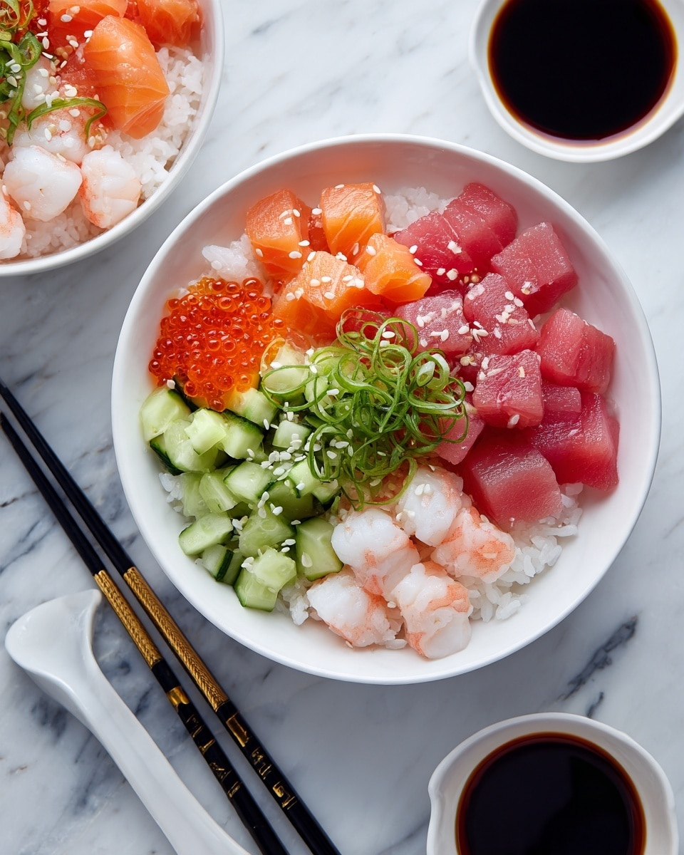 A white bowl filled with white rice forms the base layer, topped with evenly scattered bright pink tuna cubes, orange salmon chunks, and white shrimp arranged around the bowl. Small green cucumber cubes are interspersed among the seafood, along with a small cluster of orange fish roe on one side. The top layer features thinly sliced green onions sprinkled in the center, with white sesame seeds scattered lightly across the dish. The bowl sits on a white marbled surface next to a pair of black chopsticks with gold accents and a small white sauce dish containing dark soy sauce. Another similar bowl partially appears in the background. Photo taken with an iphone --ar 4:5 --v 7