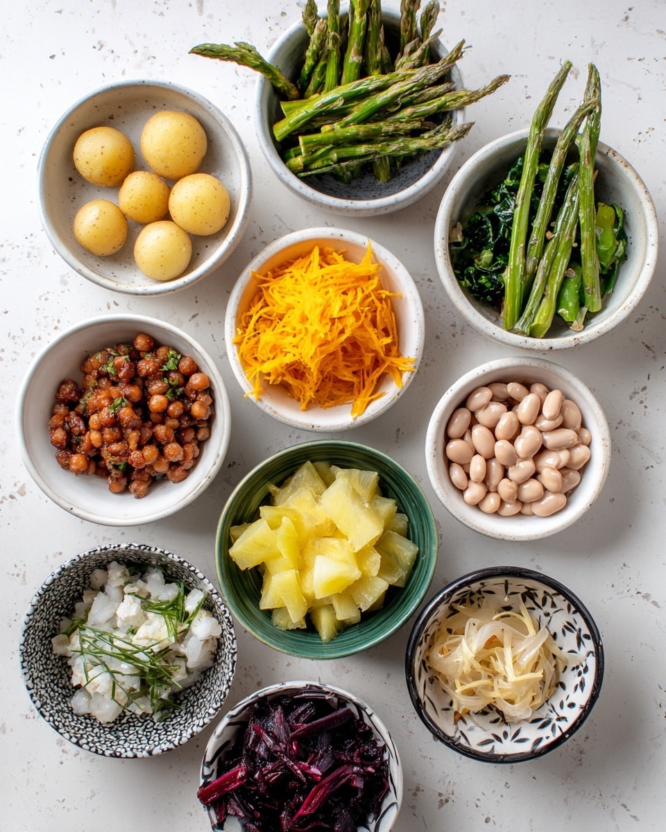 The image shows a group of eleven small white bowls arranged on a white marbled surface. Each bowl holds a different type of food with various colors and textures. From top left, there are three beige round balls with green asparagus stems on the side, leafy green vegetables with visible water drops in the next bowl, and bright green leafy stems in the third bowl. To the right, there is a bowl with bright orange shredded pieces that look spicy. Below, there is a bowl with small round beige beans, next to it a brown chunky paste, and a bowl with small white fish and bits of seasoning. Further right, there is a bowl filled with small light pink beans, and below, a bowl containing thin brown flakes. A small green bowl holds dark purple shredded pieces, and next to it, a white and black patterned bowl contains a creamy white salad with bits of herbs. Finally, the last bowl holds pieces of bright yellow pineapple. The arrangement is neat and the lighting is bright, showing the details of each dish well. photo taken with an iphone --ar 4:5 --v 7