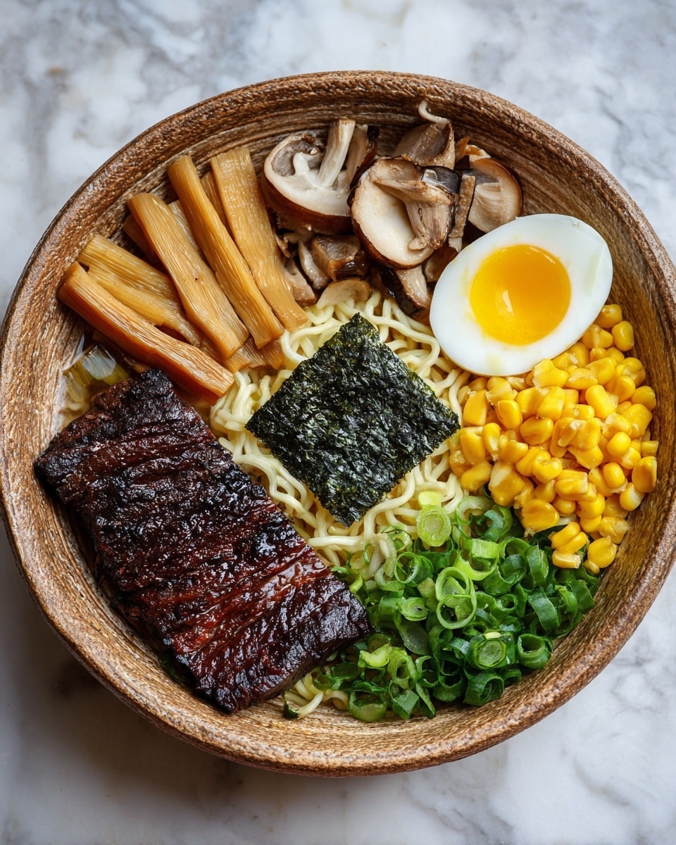 A bowl filled with several layers of food on a white marbled surface. The bottom layer is light-colored noodles, topped with a large piece of dark brown grilled meat with a shiny, slightly charred texture. To the left of the meat, there are several light brown bamboo shoots, and behind them, slices of pale brown mushrooms. At the top right, there is a halved soft-boiled egg with a bright yellow yolk and white surrounding it. Next to the egg, there is a small square of dark green seaweed. Bright yellow corn kernels are placed to the right of the meat, and fresh green chopped scallions sit in the center. The bowl itself is a natural, light brown ceramic, with textured edges. Photo taken with an iphone --ar 4:5 --v 7