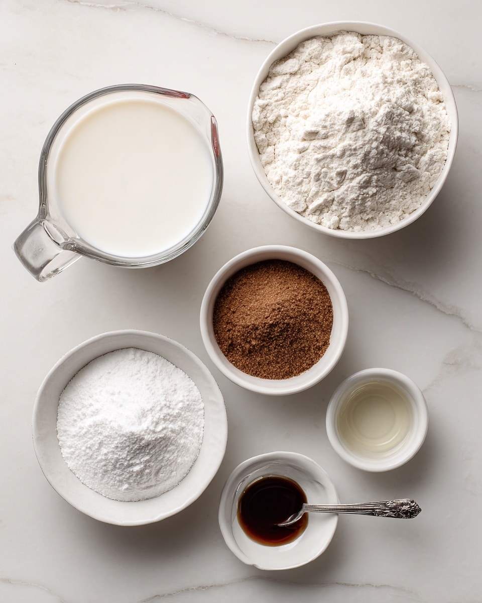 The image shows six containers arranged on a white marbled surface. On the top left is a clear measuring cup with white milk inside, and to its right is a small white bowl filled with brown sugar. Next to it on the far right is a large white bowl filled with white flour. Below the measuring cup is a small empty white bowl with a white powder, probably baking soda or baking powder. To its right is another small white bowl filled with clear oil. At the bottom center is a silver measuring spoon holding a small amount of dark brown vanilla extract. All items are neatly spaced and placed in a slight curve. Photo taken with an iphone --ar 4:5 --v 7