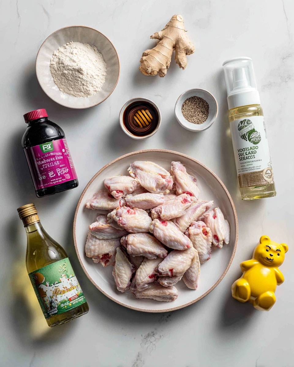 The image shows ingredients arranged neatly on a white marbled surface. In the center is a white plate full of raw chicken wings, pale pink with some red spots. Above it is a small white plate holding a piece of ginger root and a head of garlic. To the left, there is a lavender and cream colored bag of cornstarch and a dark brown bottle of organic reduced sodium soy sauce. On the right side, there is a tall white can of avocado oil spray, a small spice jar labeled toasted sesame seeds, and a white bowl with salt and black pepper. Next to these is a dark green bottle of white wine and a small bear-shaped bottle of honey with a yellow cap. Photo taken with an iphone --ar 4:5 --v 7