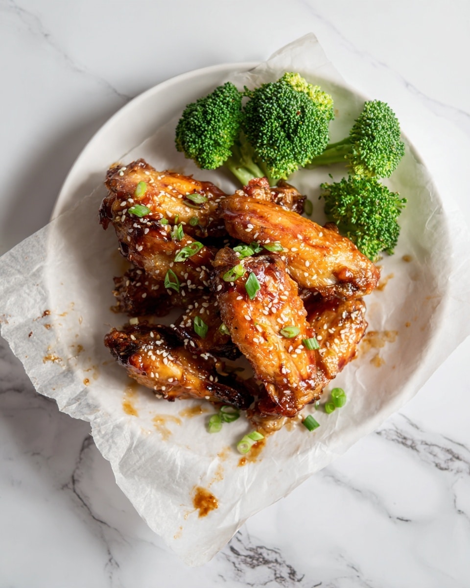 The image shows a white plate with about three layers of golden-brown cooked chicken wings, covered in a shiny sauce with some charred edges. Small white sesame seeds and chopped green onion bits are sprinkled over the wings, adding texture and color contrast. Behind the chicken wings, there are three green broccoli florets arranged neatly, adding a fresh contrast to the rich wings. The plate sits on white parchment paper with some sauce stains, and the background is a white marbled surface, giving a clean and bright look. Photo taken with an iphone --ar 4:5 --v 7