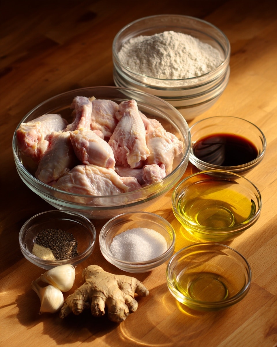 A clear glass bowl in the center holds raw chicken pieces with visible skin and some fat patches, showing light pink with white parts. To the left, two smaller clear glass bowls stack vertically, the top one filled with white flour and the bottom one with white powder, likely cornstarch or baking powder. Below those are two small clear glass bowls side by side, one with salt (white granules) and the other with a mix of black pepper. Around the bottom center, a light brown piece of ginger and a whole garlic bulb lie on the table. To the right side, there are three small clear glass bowls side by side containing light brown liquid, dark soy sauce, and an empty one. Far right is a clear measuring cup filled halfway with yellow cooking oil. All items sit on a wooden table with a soft warm light shining from the top right corner. photo taken with an iphone --ar 4:5 --v 7