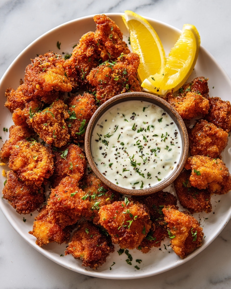 A round white plate filled with a single layer of crispy, golden-brown fried chicken pieces covering most of the plate's surface with a rough and crunchy texture; in the center right, a small round brown bowl holds creamy white dipping sauce sprinkled with green and black herbs; two bright yellow lemon wedges rest above the bowl on the plate's edge, adding a splash of color; the plate is placed on a white marbled surface. Photo taken with an iphone --ar 4:5 --v 7