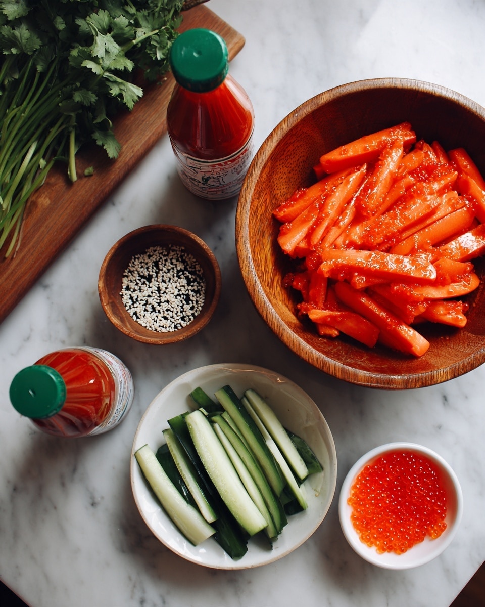 The image shows a wooden bowl filled with bright orange imitation crab sticks, a bunch of green cilantro on the left side, and a small wooden bowl with black and white sesame seeds in the center. Next to the bowl, on the white marbled surface, there is a white bowl filled with thin green cucumber strips and a small white dish with bright orange fish roe. Two sauce bottles are placed on the surface near the bowl: one red with a green cap containing hot chili sauce, and one white with a red cap containing mayonnaise. The colors are fresh and vibrant, with a neat and clean arrangement. Photo taken with an iphone --ar 4:5 --v 7