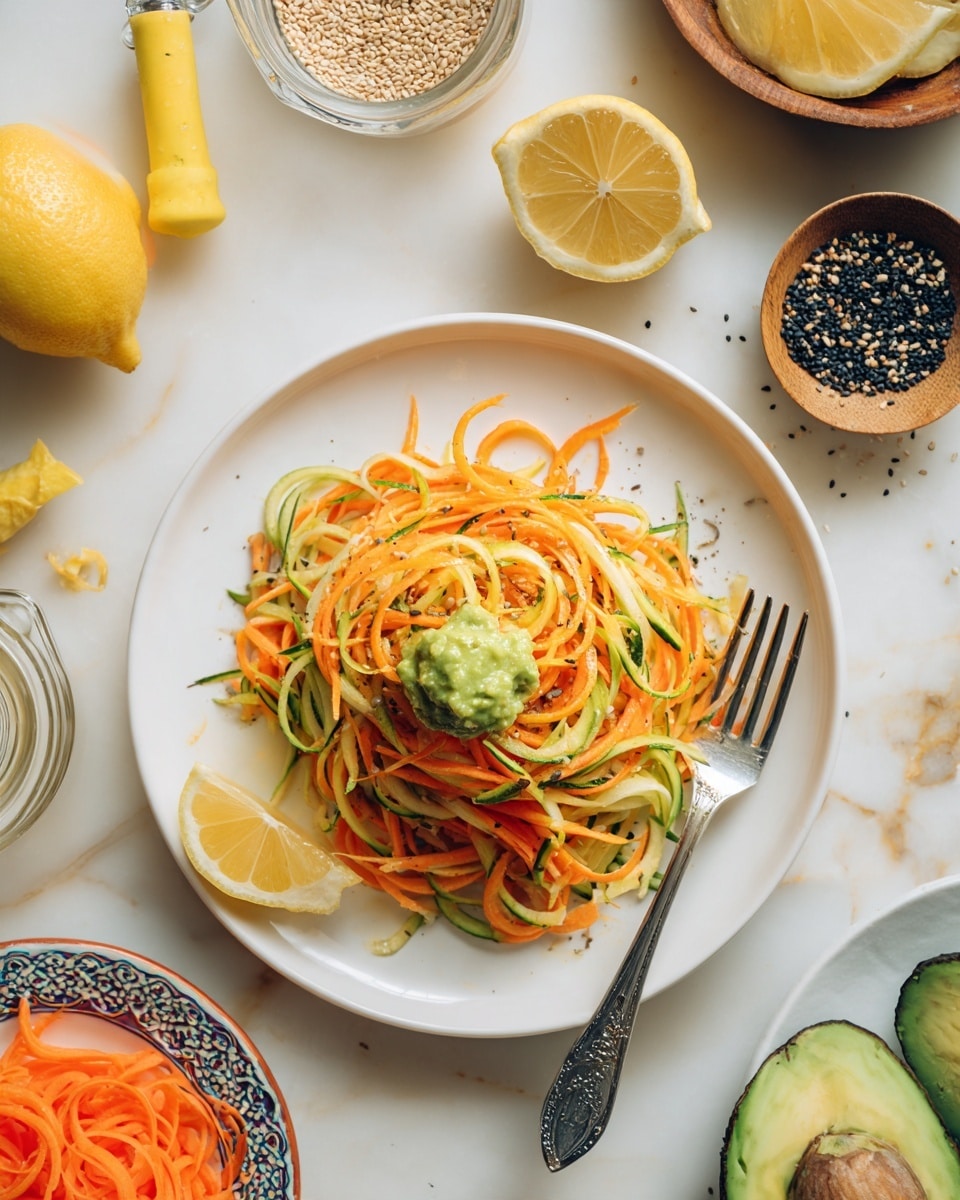 A white round plate holds a colorful pile of spiralized noodles made from carrots and cucumbers, mixed thinly with light and orange strands. On top, a small green dollop of guacamole sits in the center. A lemon wedge rests on the edge of the plate beside the noodles. A silver fork is placed on the right side of the plate, touching the food. The plate sits on a white marbled surface scattered with a yellow vegetable peeler, half a lemon, black sesame seeds in a small glass bowl, mustard seeds in another bowl, slices of avocado on a patterned plate, and curled strips of carrot. The overall scene is bright and fresh with a mix of green, orange, yellow, and white colors. photo taken with an iphone --ar 4:5 --v 7