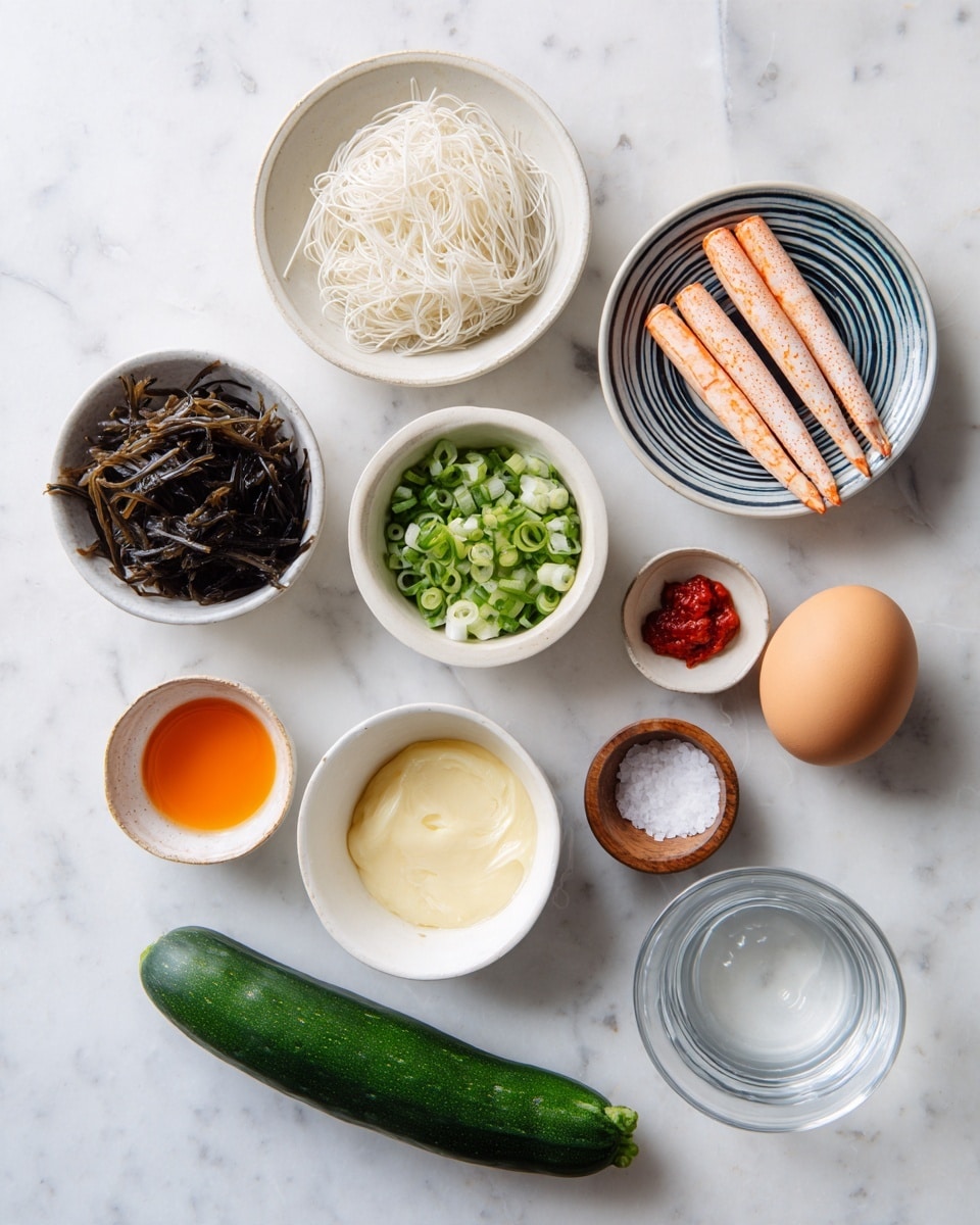The image shows nine small white bowls and a long green cucumber on a white marbled surface. Starting from the top right, there are two pale pink crab sticks on a white bowl with dark blue stripes. To the left, a white bowl holds thin white noodles. Below the noodles, a bowl contains dark brown and black dried fungus mushrooms. Centered in the middle is a bowl filled with finely chopped green onions. To the right of the onions, a white bowl holds a whole brown egg. Below the egg, a small white bowl has a pale yellow creamy sauce, and to the left of that, a small white bowl contains orange-colored liquid sauce. Below the mushroom bowl, another small white bowl is filled with red chili paste. Below the chili paste, a tiny wooden bowl has white salt. Next to the salt bowl is a clear glass bowl with water. Finally, a long, smooth green cucumber lies horizontally at the bottom of the image. All items rest on a white marbled surface. Photo taken with an iphone --ar 4:5 --v 7