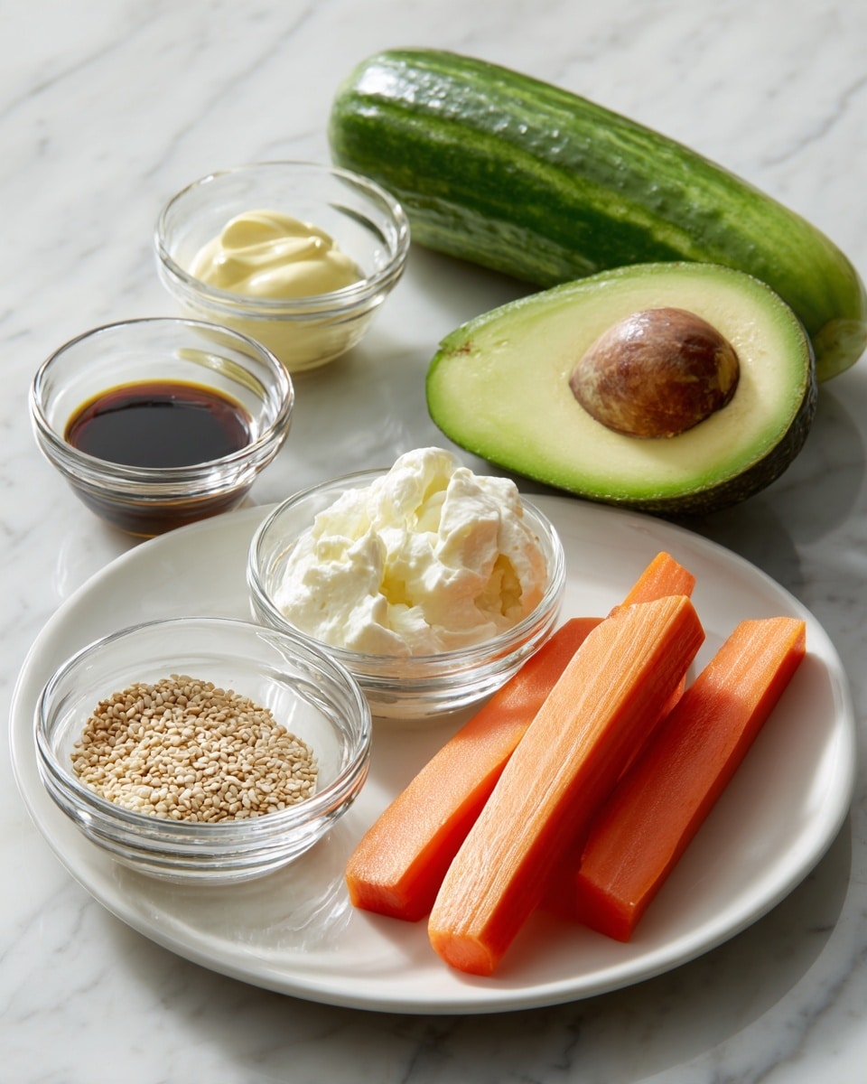 A fresh green cucumber lies on a white marbled surface next to a halved avocado showing its brown pit and light green flesh. On a white plate below, three bright orange crab sticks stand upright. Around them are small glass bowls holding light brown sesame seeds, dark soy sauce, white cream cheese, and pale yellow mayonnaise, all arranged neatly on the plate. The image has natural light and sharp focus, photo taken with an iphone --ar 4:5 --v 7