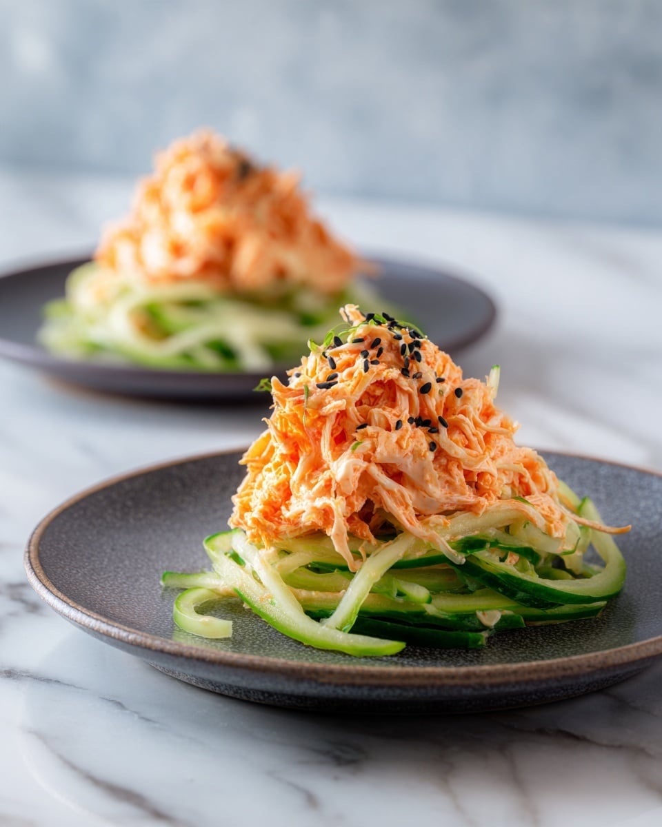 Two servings of a salad dish sit on dark gray plates placed on a white marbled surface, each plate showing a nest of thin, green cucumber strips at the bottom with a soft texture. On top of the cucumber layer is a generous mound of orange-colored shredded pieces, coated with creamy dressing, creating a smooth and rich look. Scattered over the orange layer are small black sesame seeds adding a speckled texture and contrast. The background is blurred with a neutral white tone that highlights the plates. Photo taken with an iphone --ar 4:5 --v 7