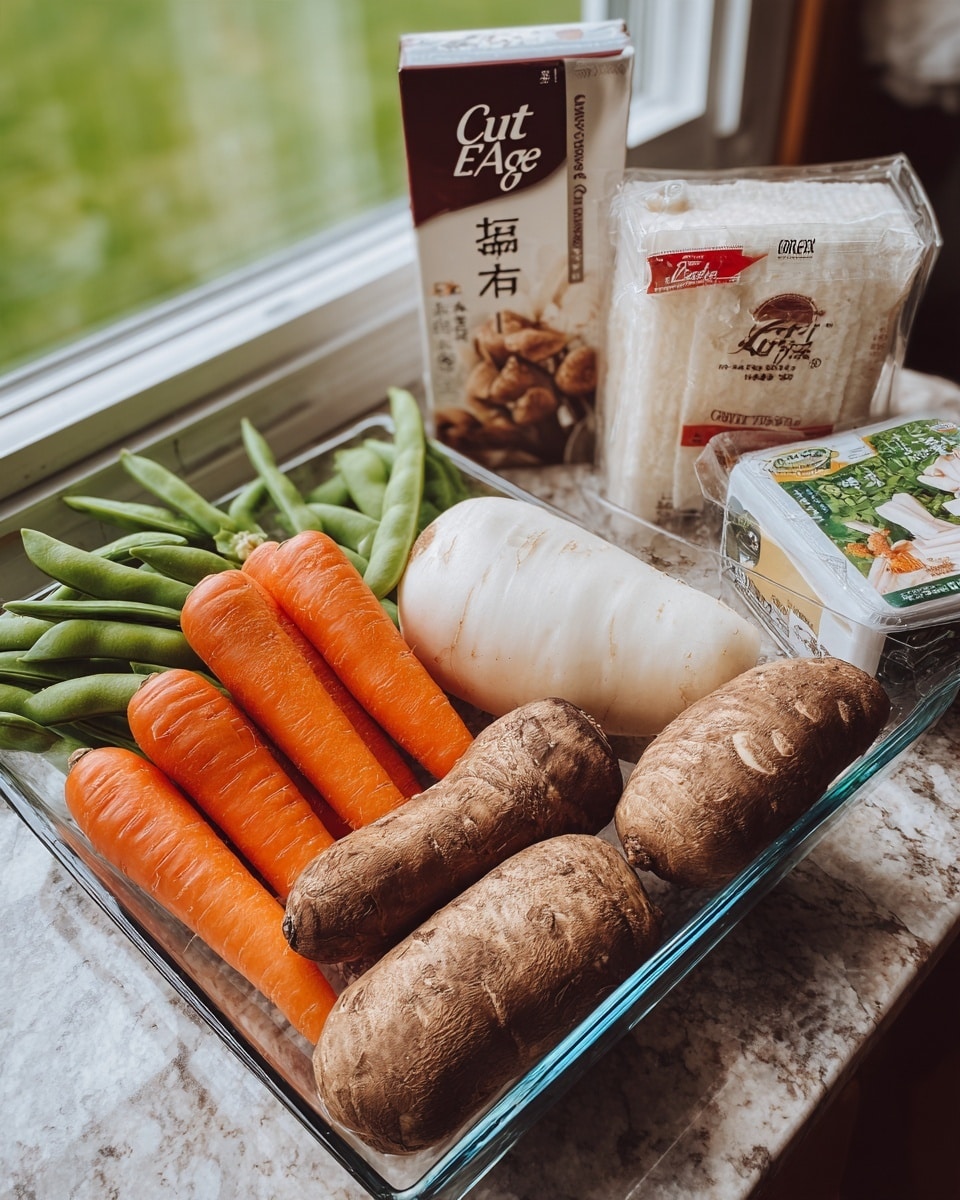 A clear glass rectangular dish filled with fresh vegetables and packaged food items sits on a white marbled surface by a window with green grass outside. Inside the dish, there are three long, bright orange carrots on the left, next to a large white radish. In front of the carrots and radish are three brown taro roots with rough skins. On the left side, there is a cluster of green snap peas. Behind the taro and snap peas, a pack of brown mushrooms rests vertically against the side, and next to it is a white packaged item with red and black text. To the right side, there is a clear plastic bag of white tofu labeled “Cut- Age” and a box with green vegetables shown on it. The overall colors are natural and earthy with fresh vegetable textures contrasting with smooth, clear, and white packages. photo taken with an iphone --ar 4:5 --v 7