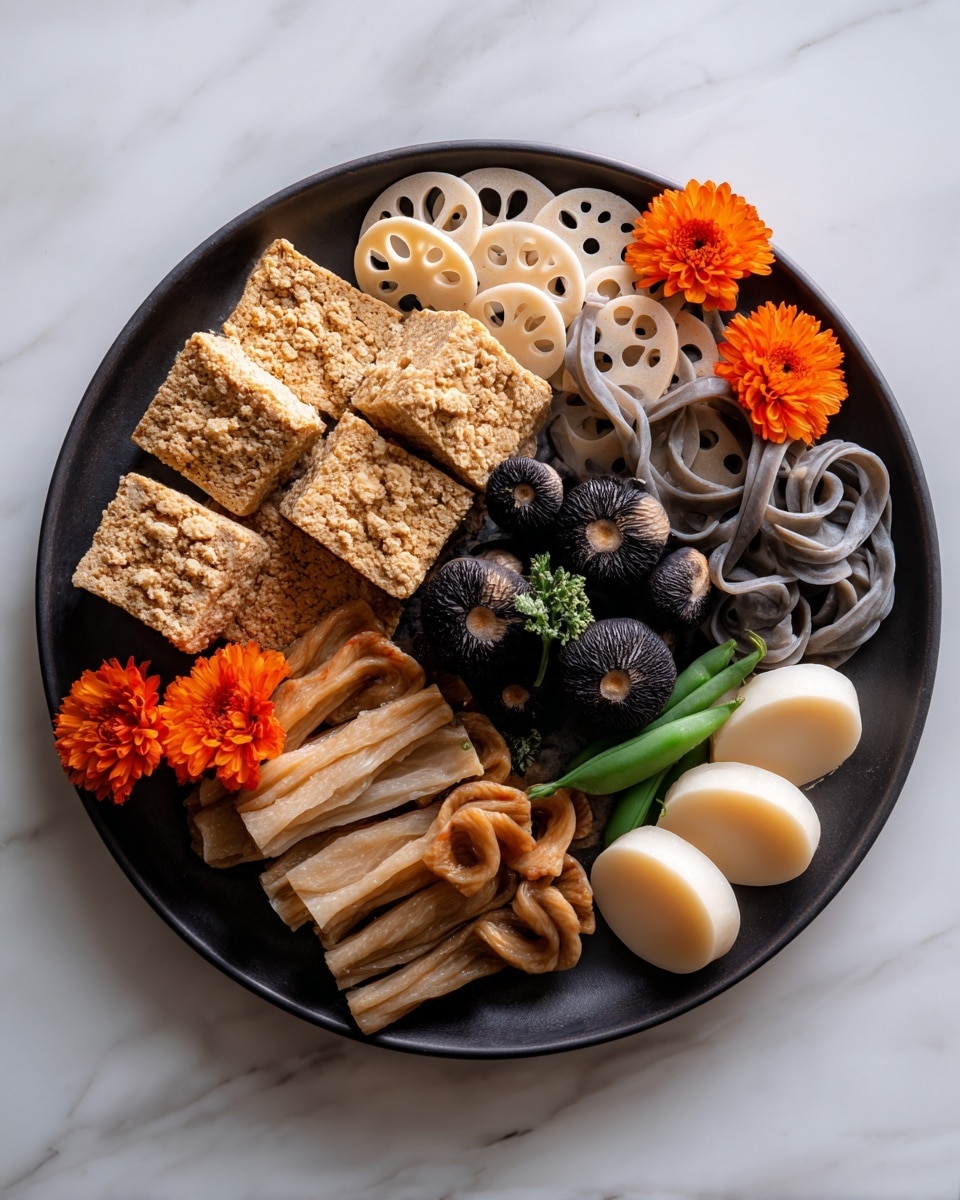 The image shows a black round plate arranged with several food items in layers. On the top left, there are four square pieces of light brown tofu with a crumbly texture. Next to the tofu, slightly to the right, are slices of beige lotus root that look crisp, arranged in two small clusters. Below the lotus roots, there are several dark brown round mushrooms grouped together. In the center of the plate are long, light brown root vegetables, laid down in pairs. To their left are twisted, light grey konjac noodles with a smooth surface. At the bottom right, there are four round, creamy white taro pieces with smooth textures. Around the plate, several small orange carrot flowers add color and decoration, while a few green snap peas are placed near the center for contrast. The plate sits on a white marbled surface. Photo taken with an iphone --ar 4:5 --v 7