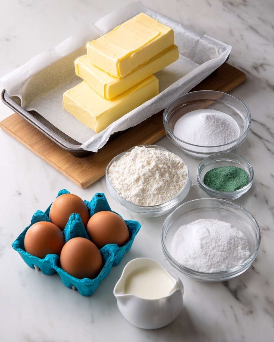 The image shows a wooden table with baking ingredients and tools neatly placed on it. On the left, there is a lined rectangular baking pan with parchment paper. Next to it are three blocks of butter, stacked on top of each other, all pale yellow. Below, there is a blue egg carton holding four brown eggs. To the right, there are several clear glass bowls: one with white sugar, one with white flour, one with green powder, one smaller bowl containing salt, and a small white measuring cup filled with milk. The background is a white marbled texture. photo taken with an iphone --ar 4:5 --v 7