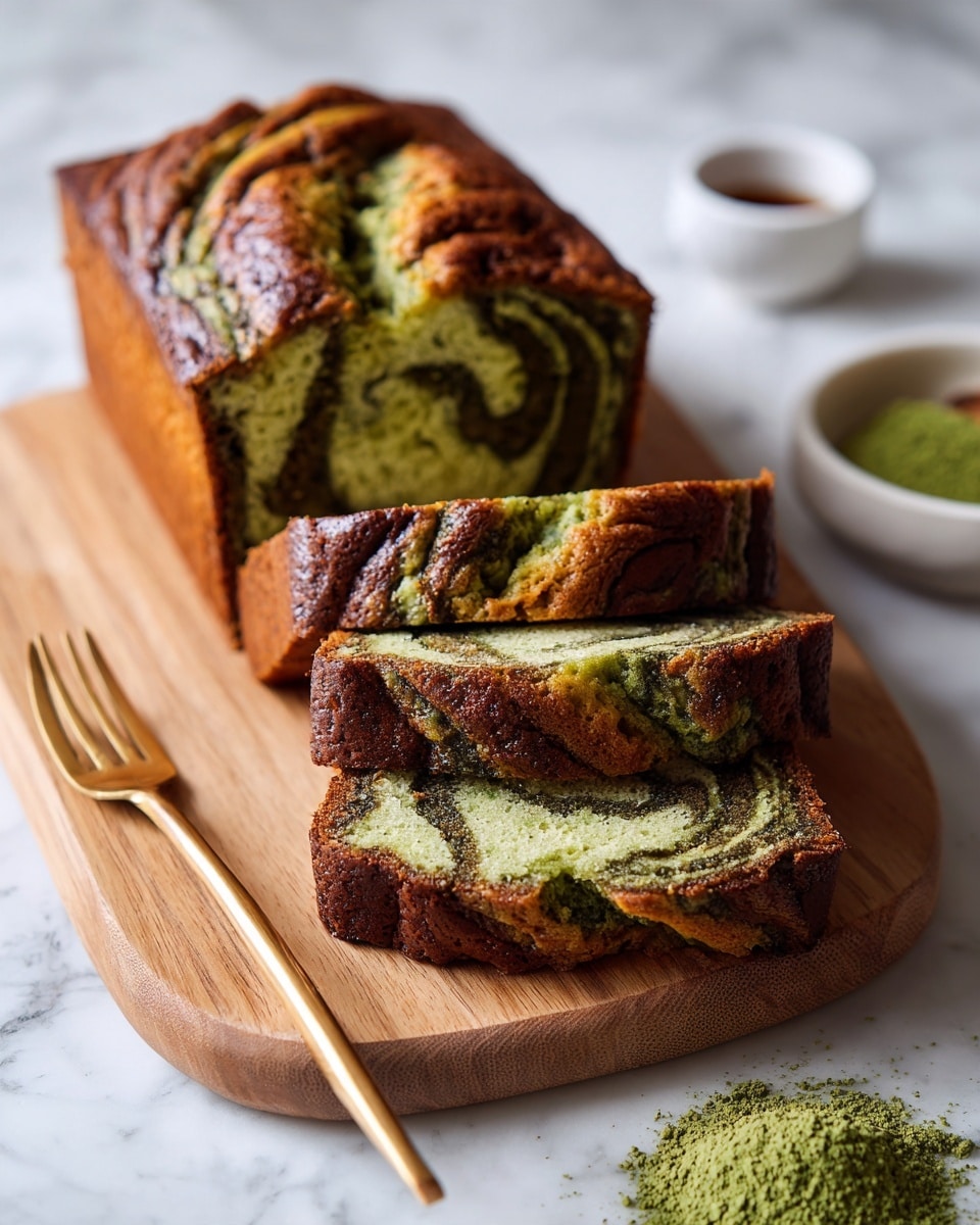 A loaf of green marble cake is placed on a light wooden board with a smooth curved edge. The loaf is sliced into five thick pieces, showing a mix of darker and lighter green swirls inside each slice. The top crust is slightly cracked and darker green. To the left of the loaf, there is a small golden fork resting on the board. On the lower right side, a small white bowl holds a fine green powder. The whole scene is set on a white marbled surface. photo taken with an iphone --ar 4:5 --v 7